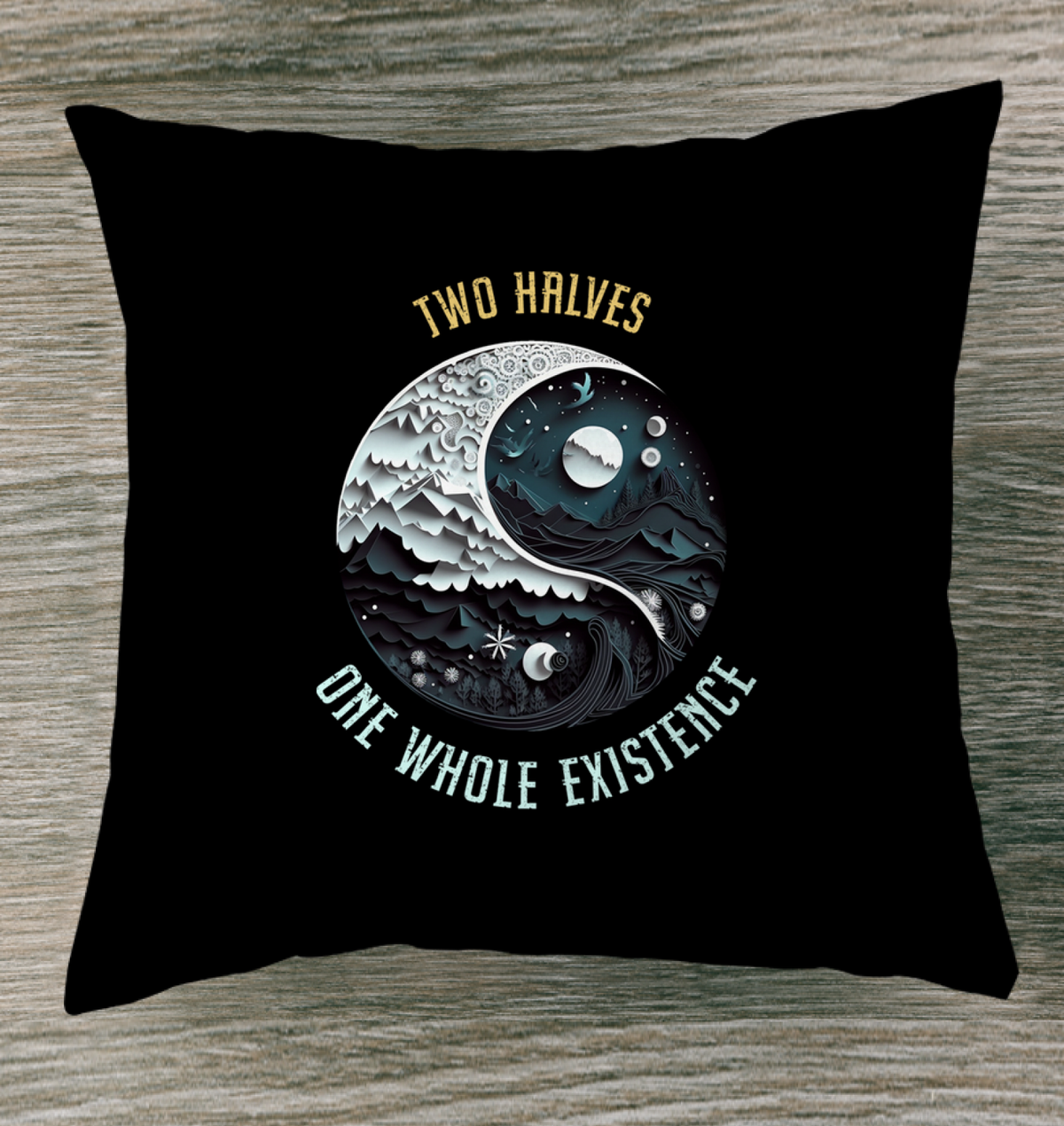 Yin Yang design indoor pillow with seasonal motifs.