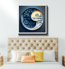 Tranquil moon and sun canvas art for peaceful interiors.