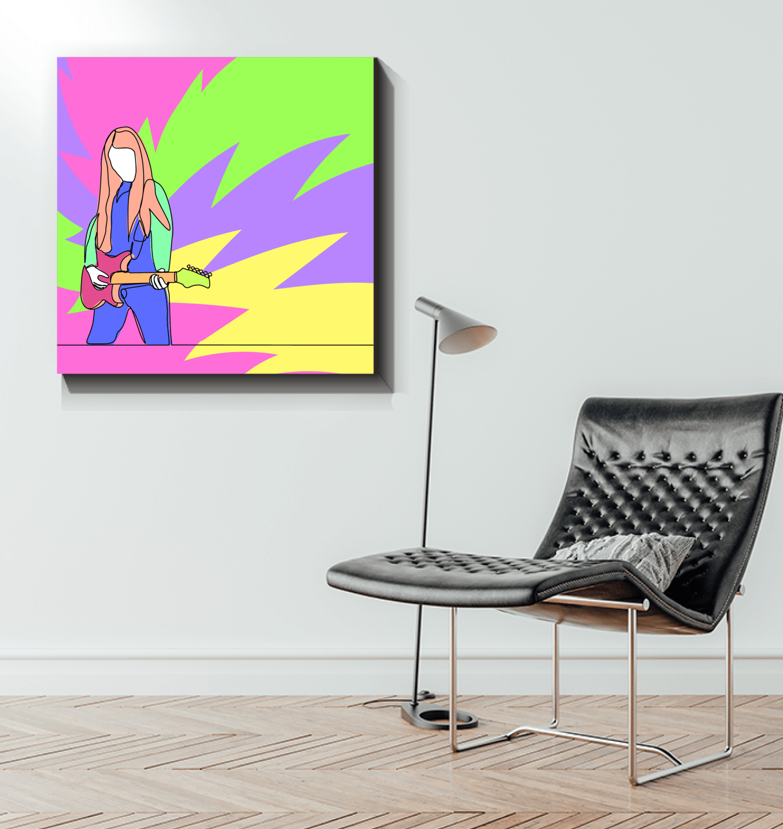 Girl Playing Guitar Line Art 2 Wrapped Canvas - Beyond T-shirts
