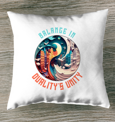 Modern Ying Yang design on monochrome indoor pillow.