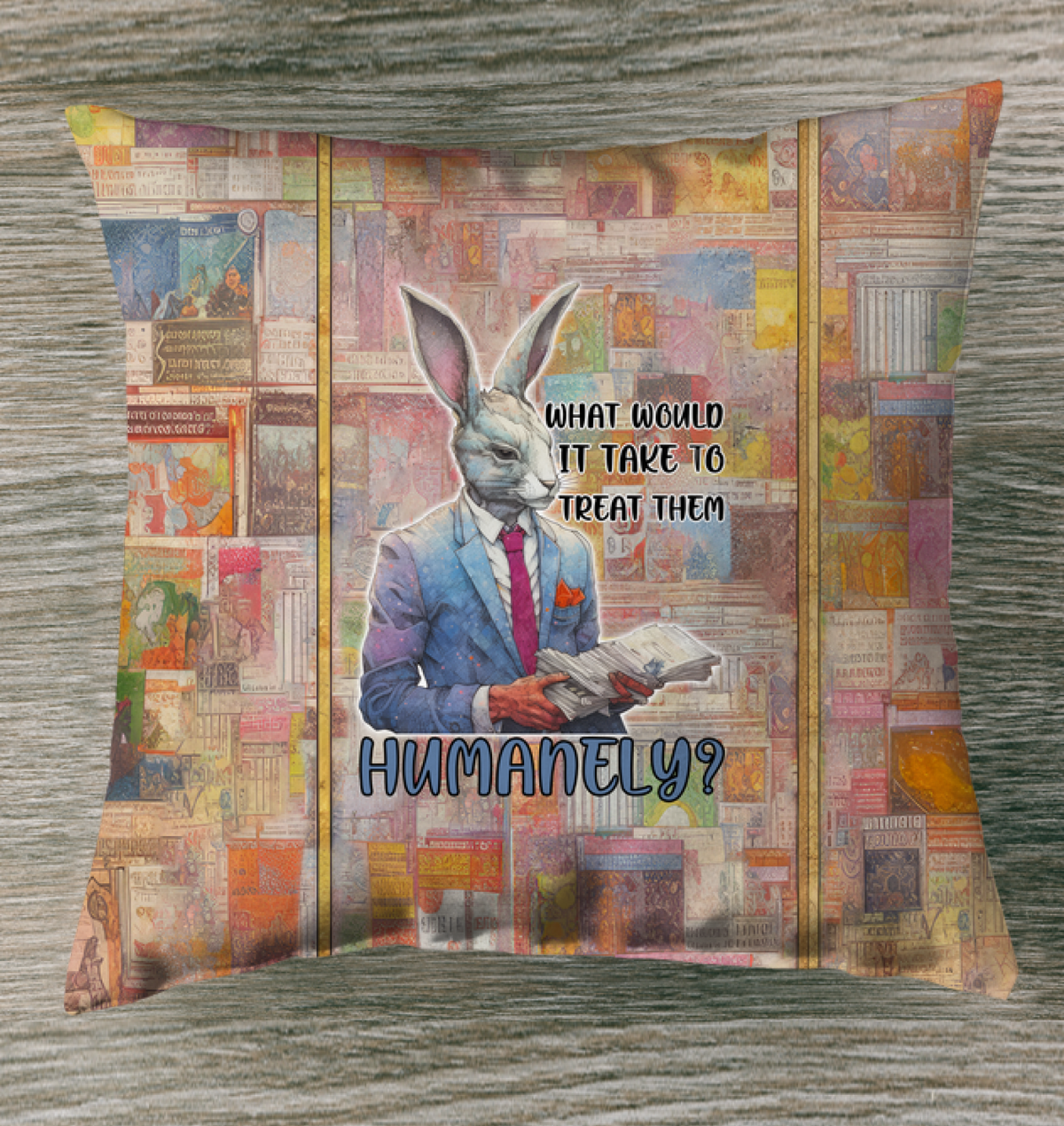 Beach vibe outdoor pillow with surfing rabbit illustration.