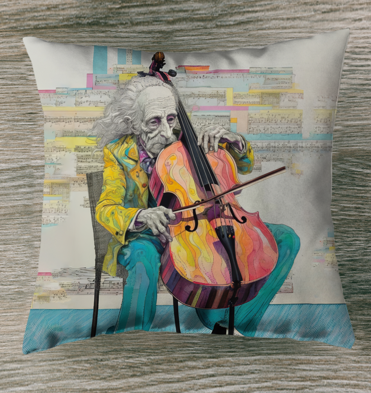 Serenade Silhouette Outdoor Pillow on a stylish patio chair.