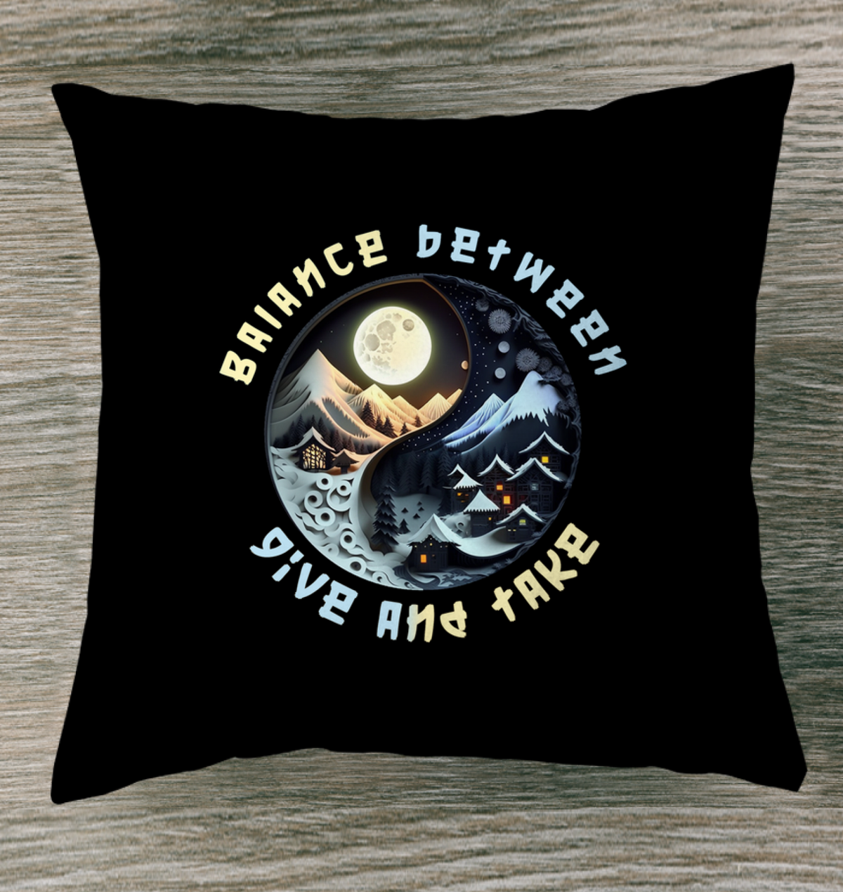 Yin Yang design indoor pillow with Midnight and Dawn theme.