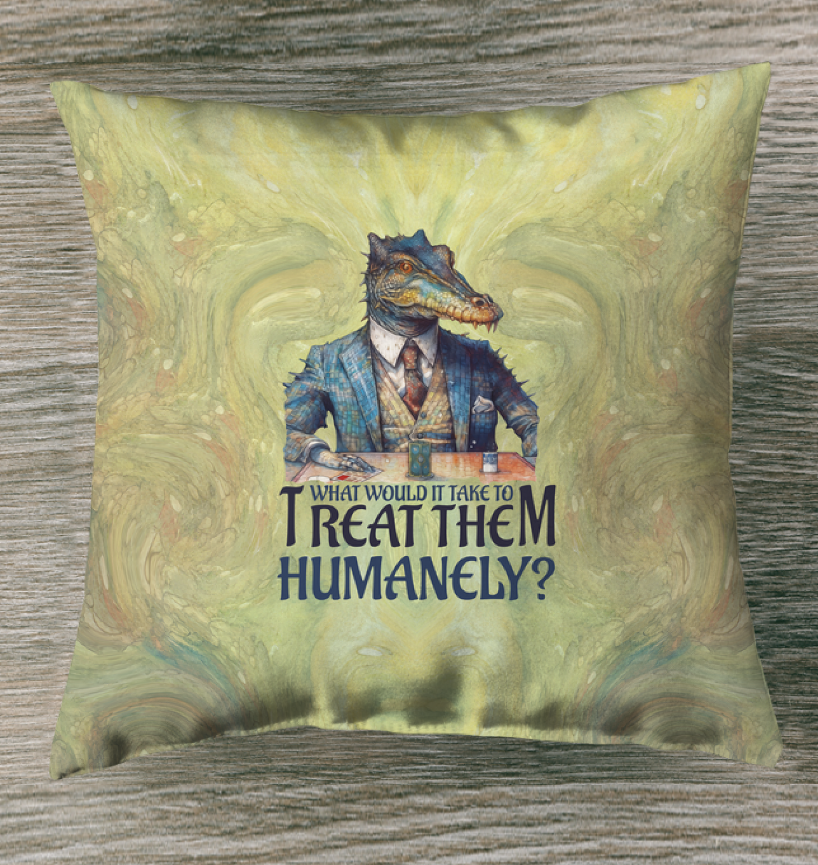 Astronaut crocodile design on outdoor pillow with a cosmic background.