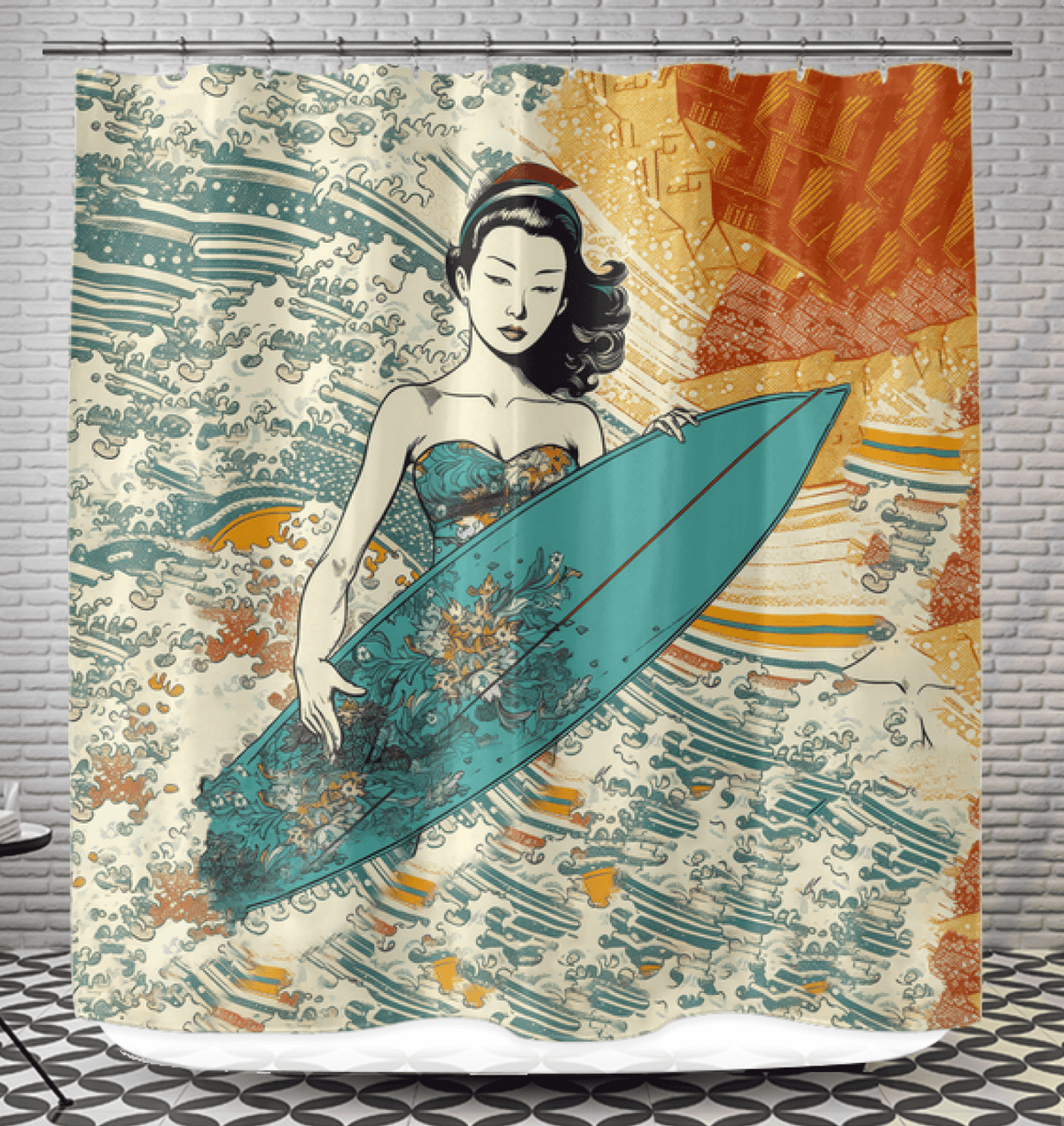 Detailed view of the Surfing 1 39 Shower Curtain, highlighting its dynamic surf-themed patterns, ideal for adding a splash of adventure to your bathroom decor.