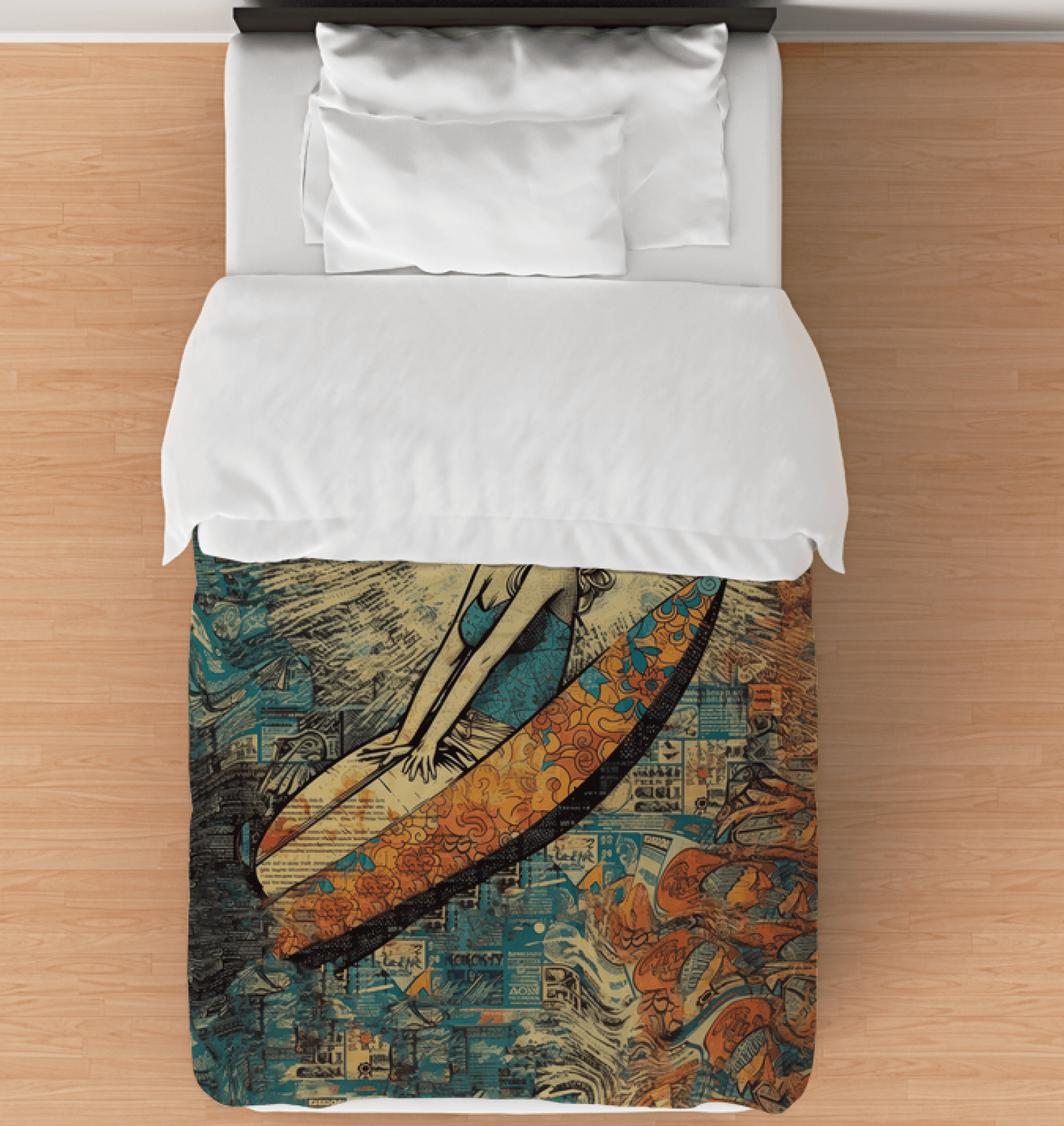 Surfing 1 28 Twin Comforter displayed on a bed, featuring an eye-catching surf pattern that brings a wave of style to any bedroom.