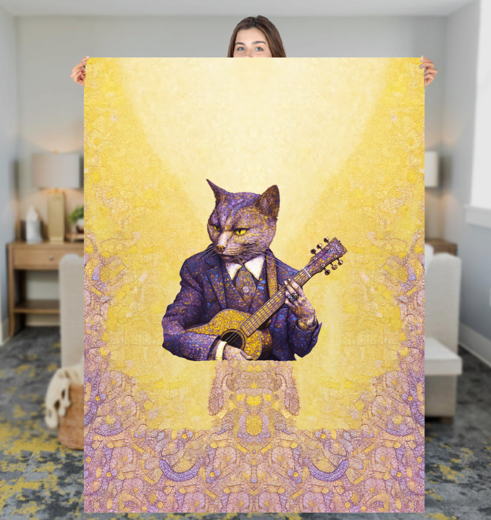 Gentleman Cat in a Suit Sherpa Blanket Displayed on Sofa.