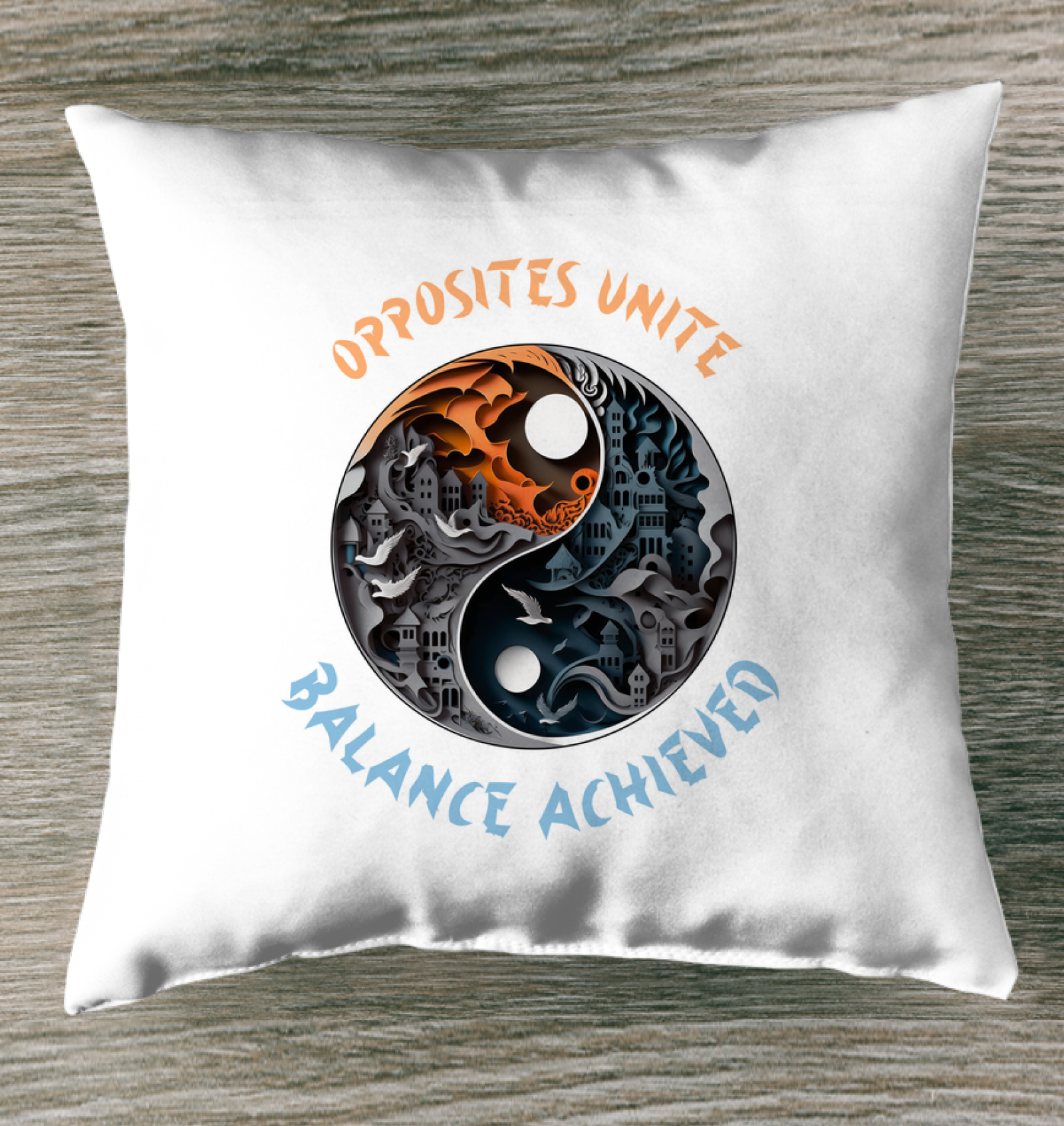 Stylish indoor pillow with ink splash Ying Yang design.