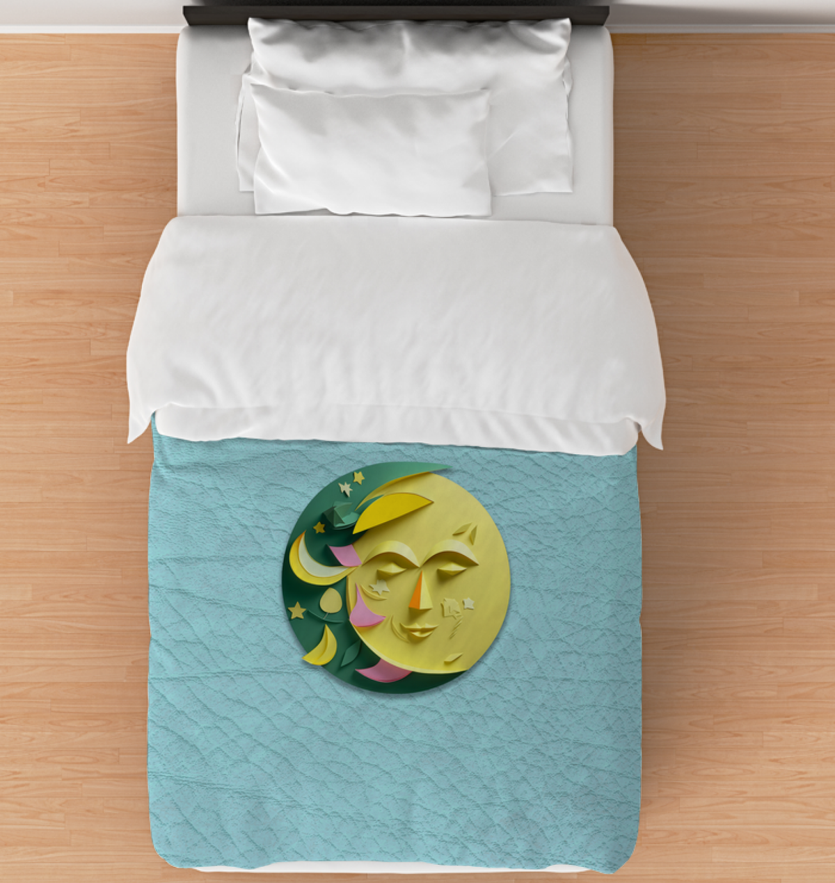 Front view of Frog Prince’s Pond Comforter on a bed.