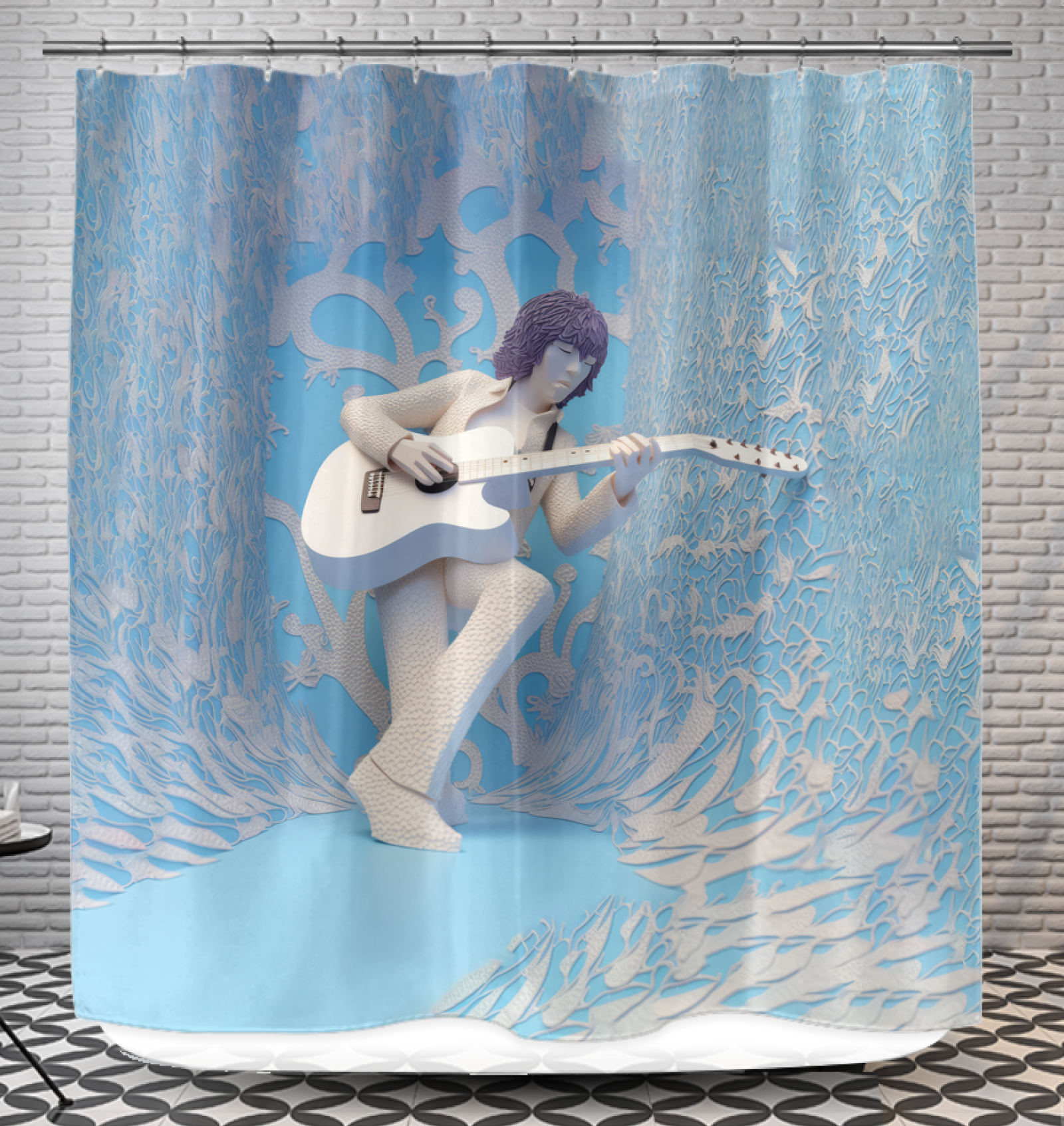 Serene ocean waves design on papercut shower curtain, enhancing bathroom aesthetics.