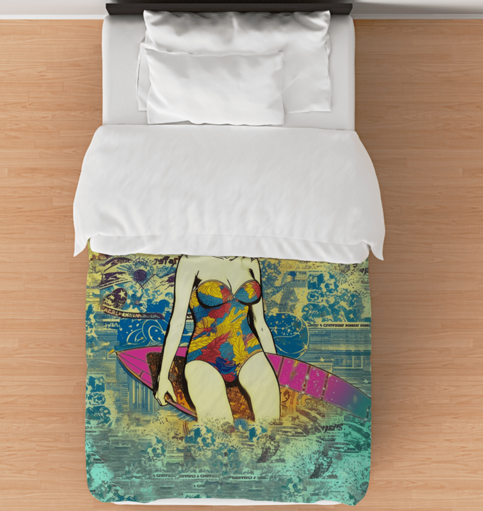 Surfing 1 23 Twin Comforter on a bed, showcasing its vibrant surfing pattern, ideal for those who dream of catching the next big wave.