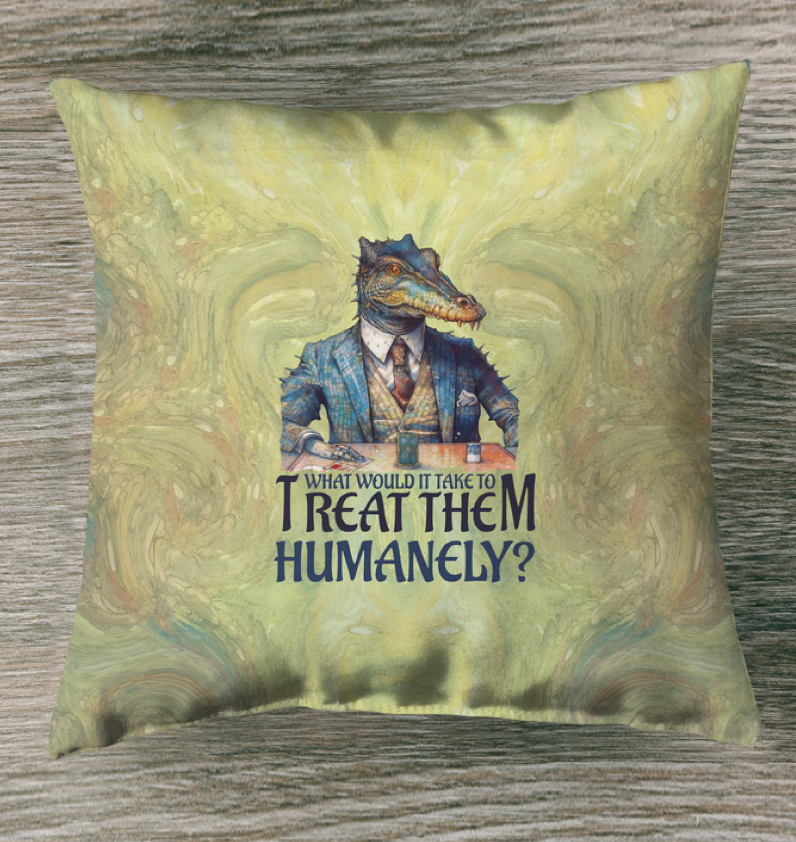 Indoor pillow with a crocodile bat in a cloak illustration.