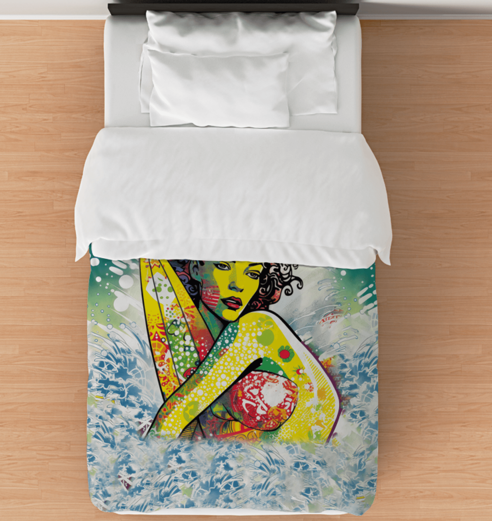 Surfing 1 51 Twin Comforter laid out on a bed, featuring a lively surf motif that evokes the spirit of the ocean in your bedroom.