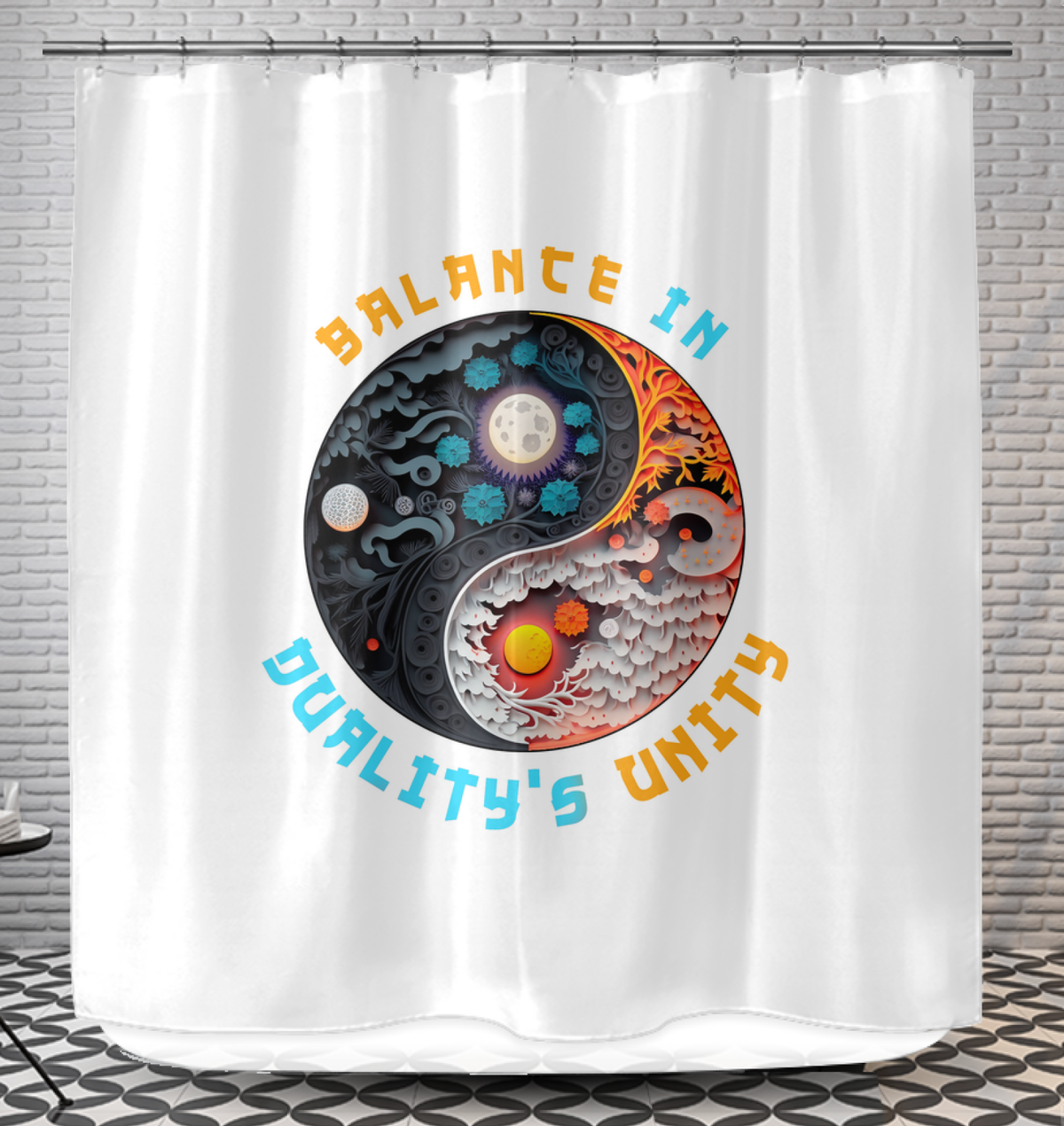 Ying Yang shower curtain in winter frost design.