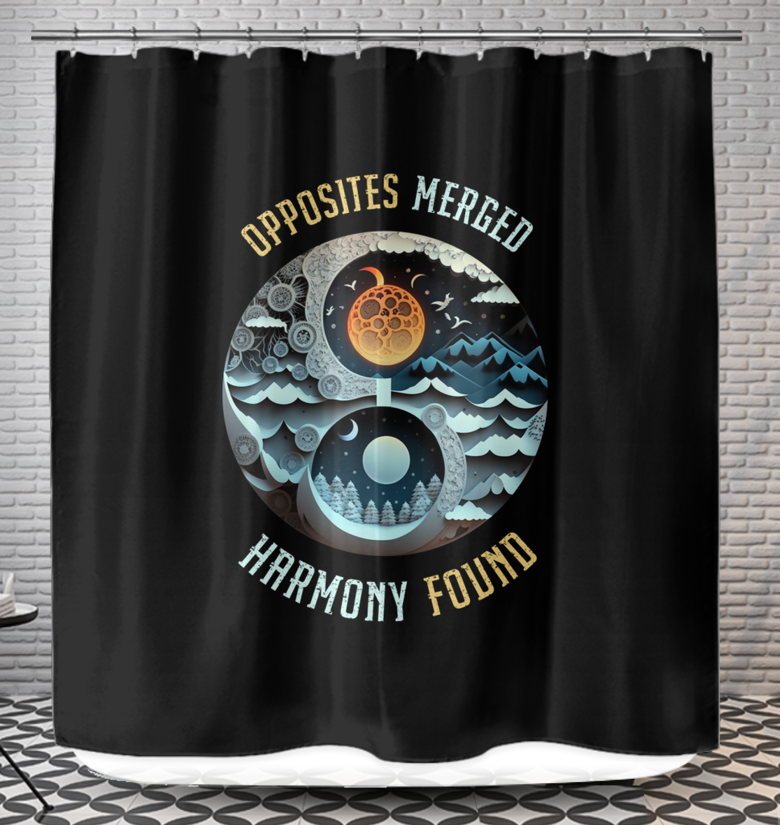 Ying Yang shower curtain promoting Zen harmony.