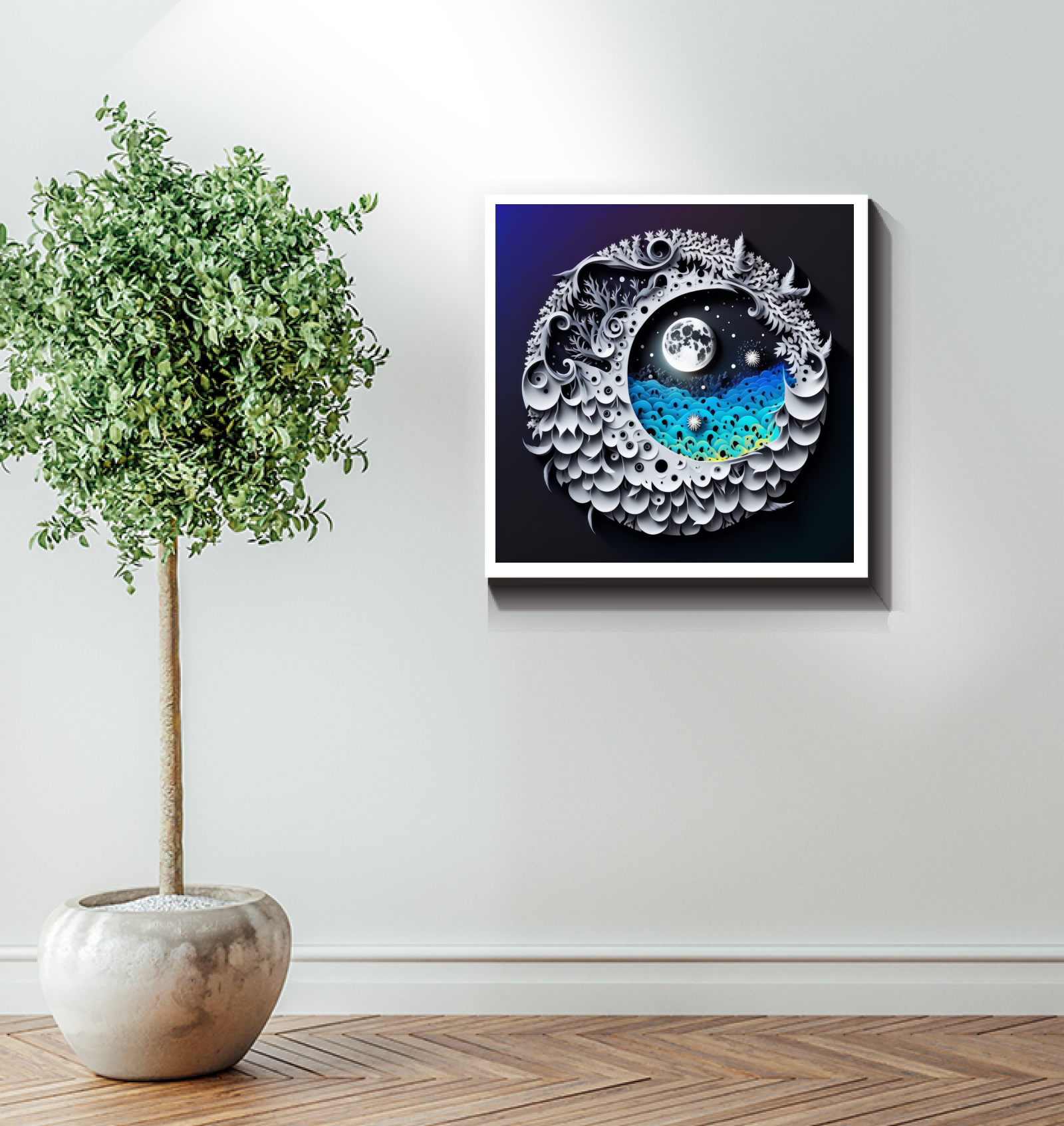 Wall art with vivid portrayal of ocean's power and tranquility.