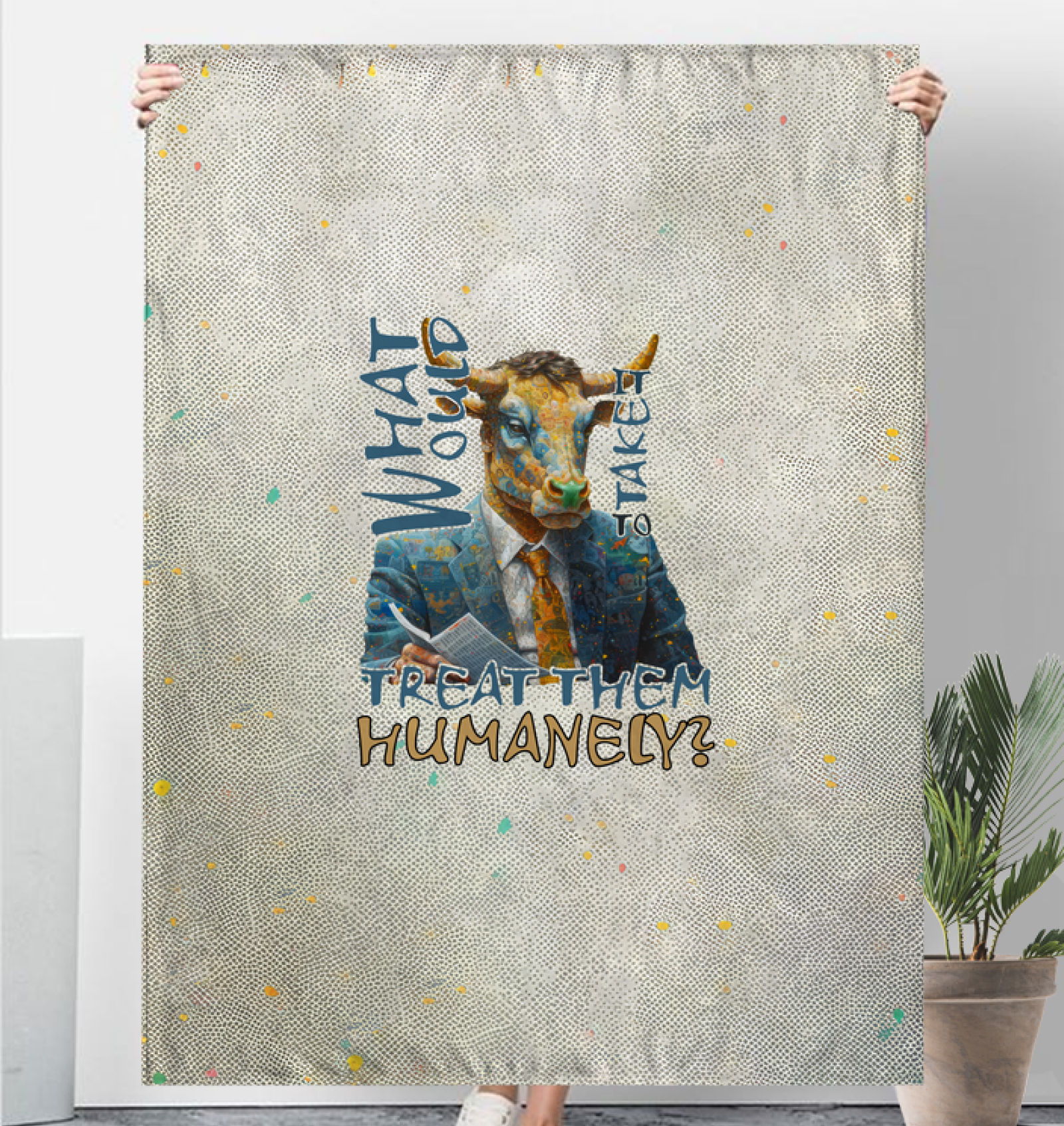 Soft sherpa blanket featuring buffalo in yoga pose.