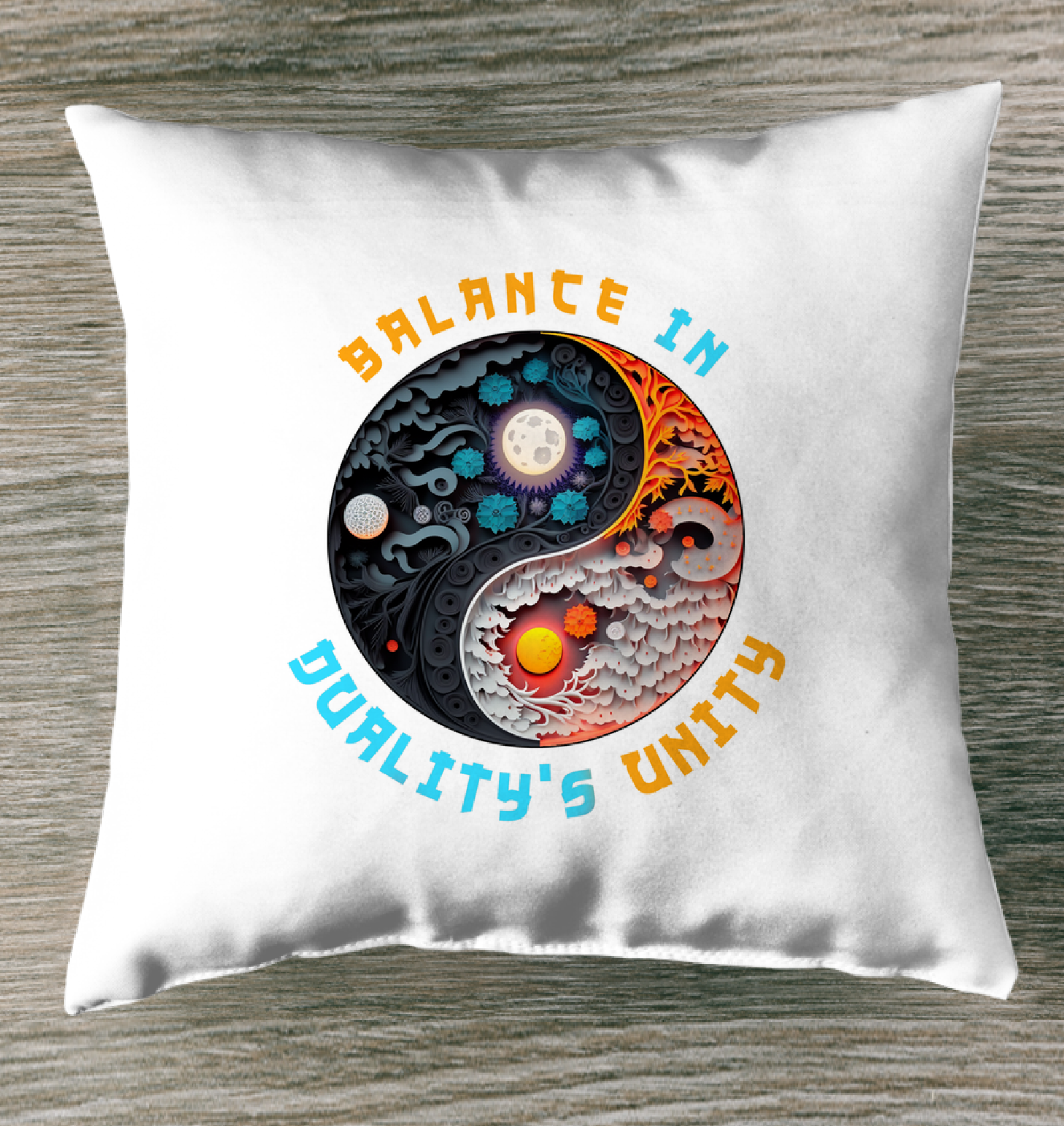 Glacial Harmony Yin Yang Indoor Pillow on sofa.