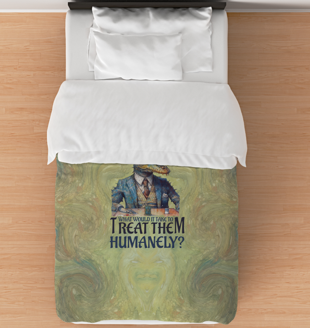 Astronaut Crocodile Comforter on a Bed.