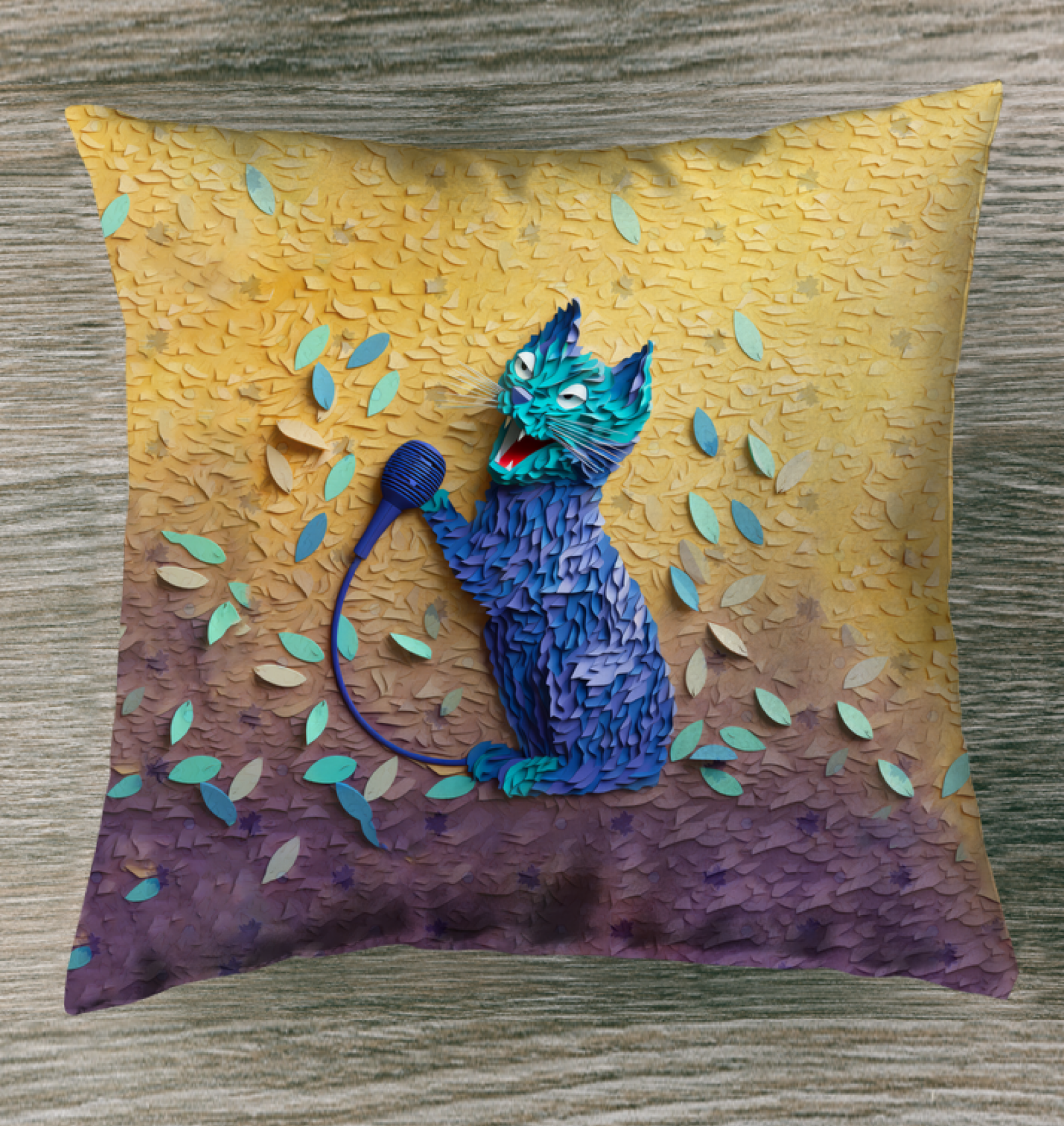 Outdoor pillow with Artistic Aviary Flight design.