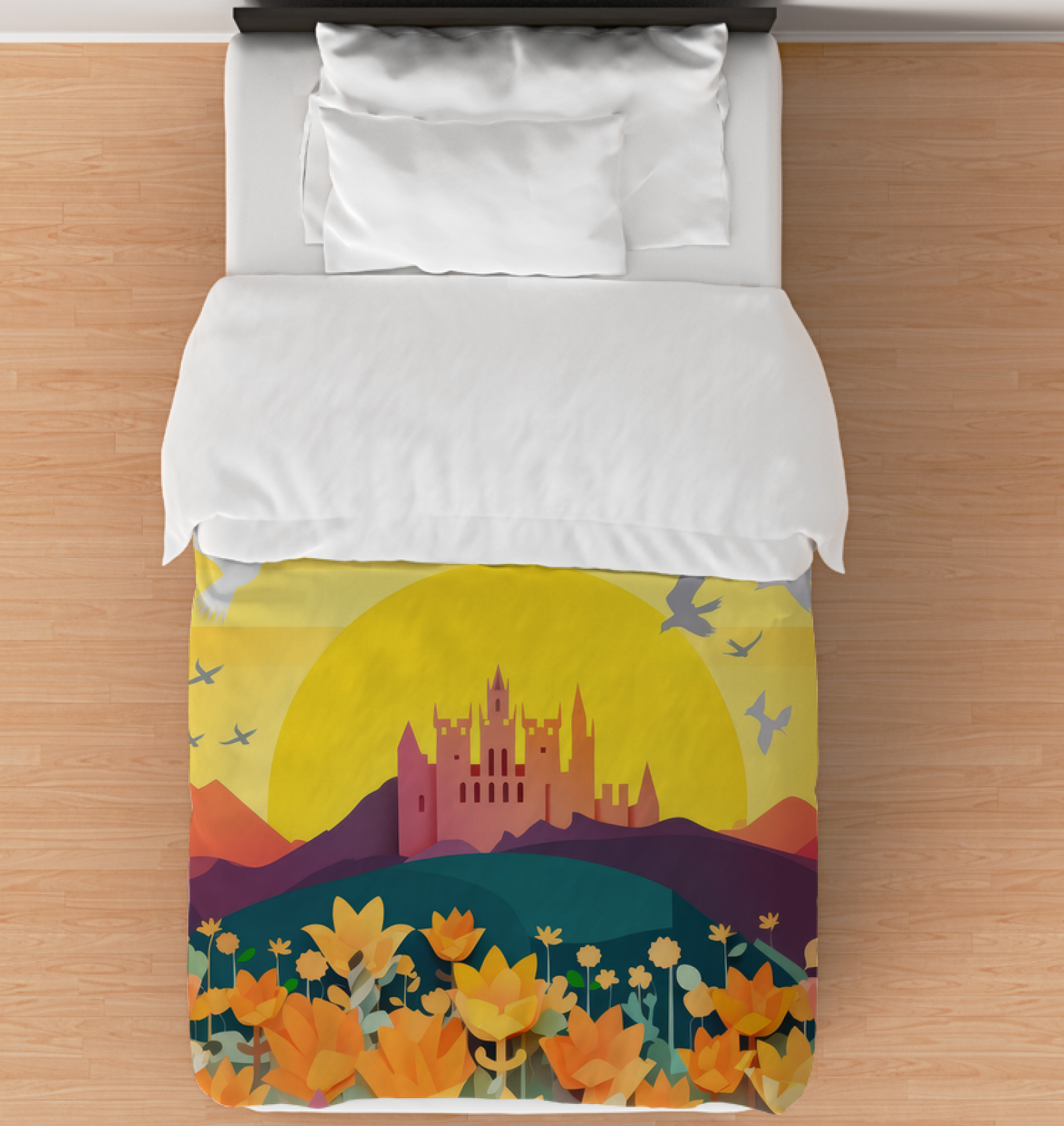 Front view of Pixie Dust Dreams Comforter on a bed.