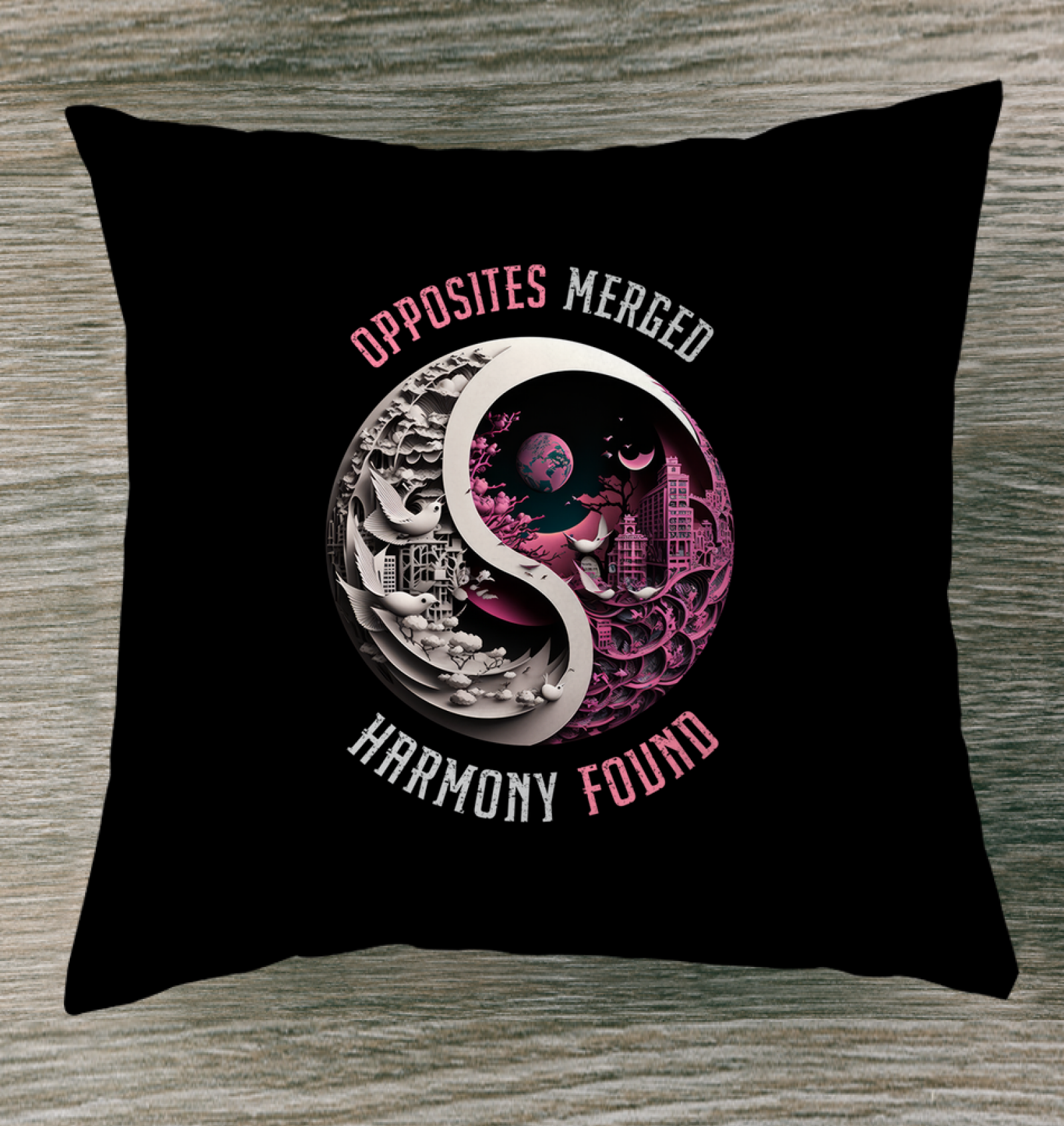 Indoor pillow with clear Yin Yang design for harmony.