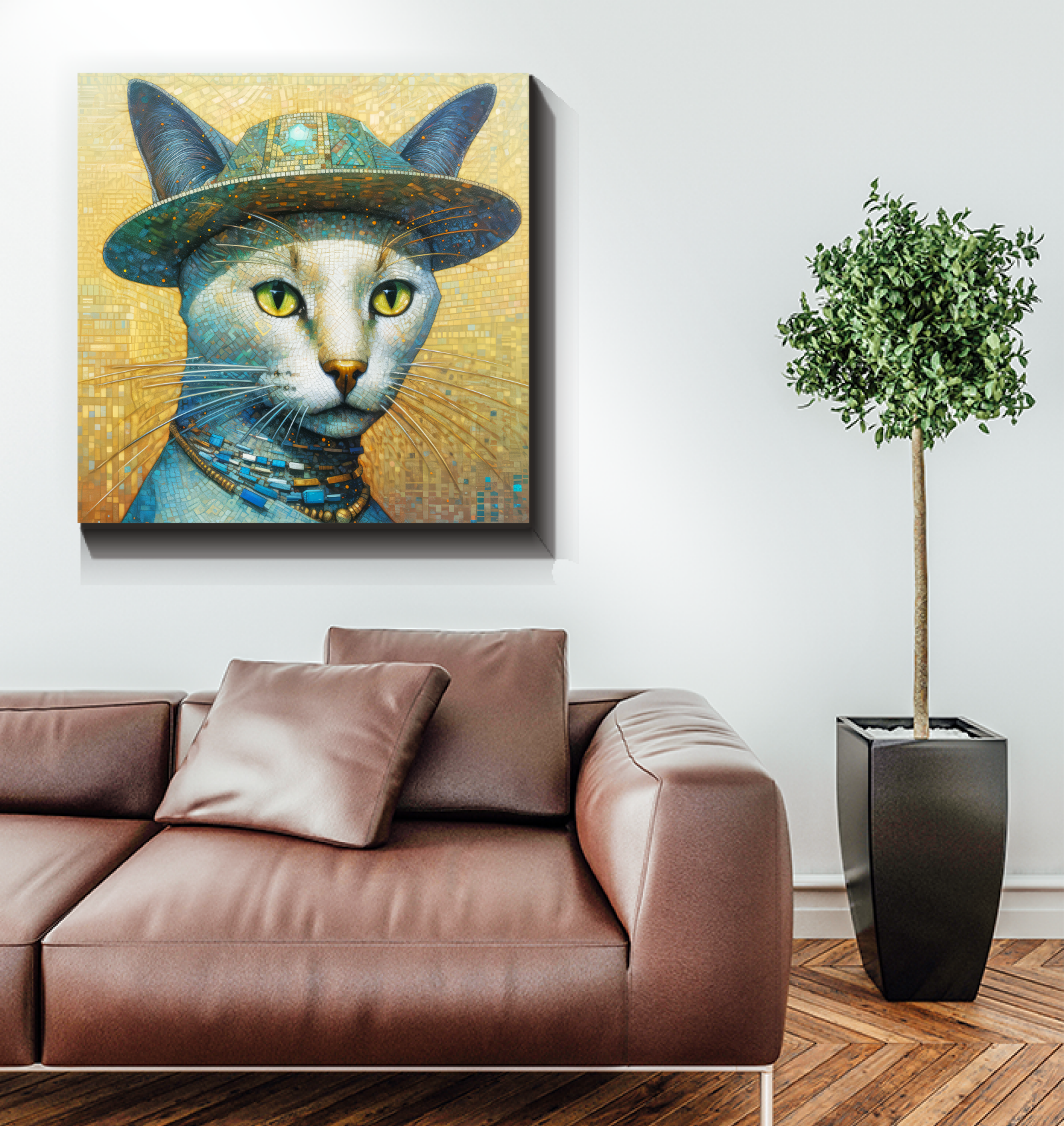 Bright and cheerful cat canvas painting.