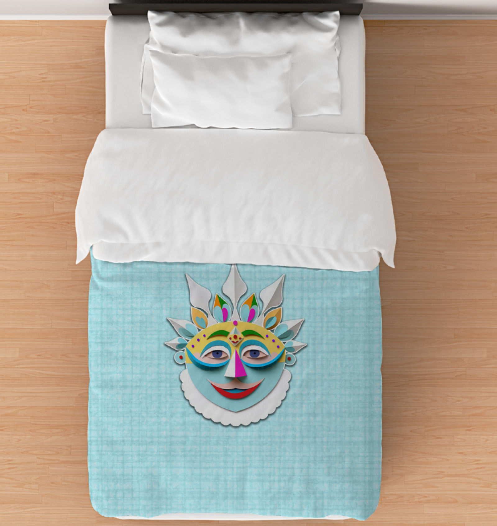 Front view of Royal Carriage Parade Comforter on a bed.