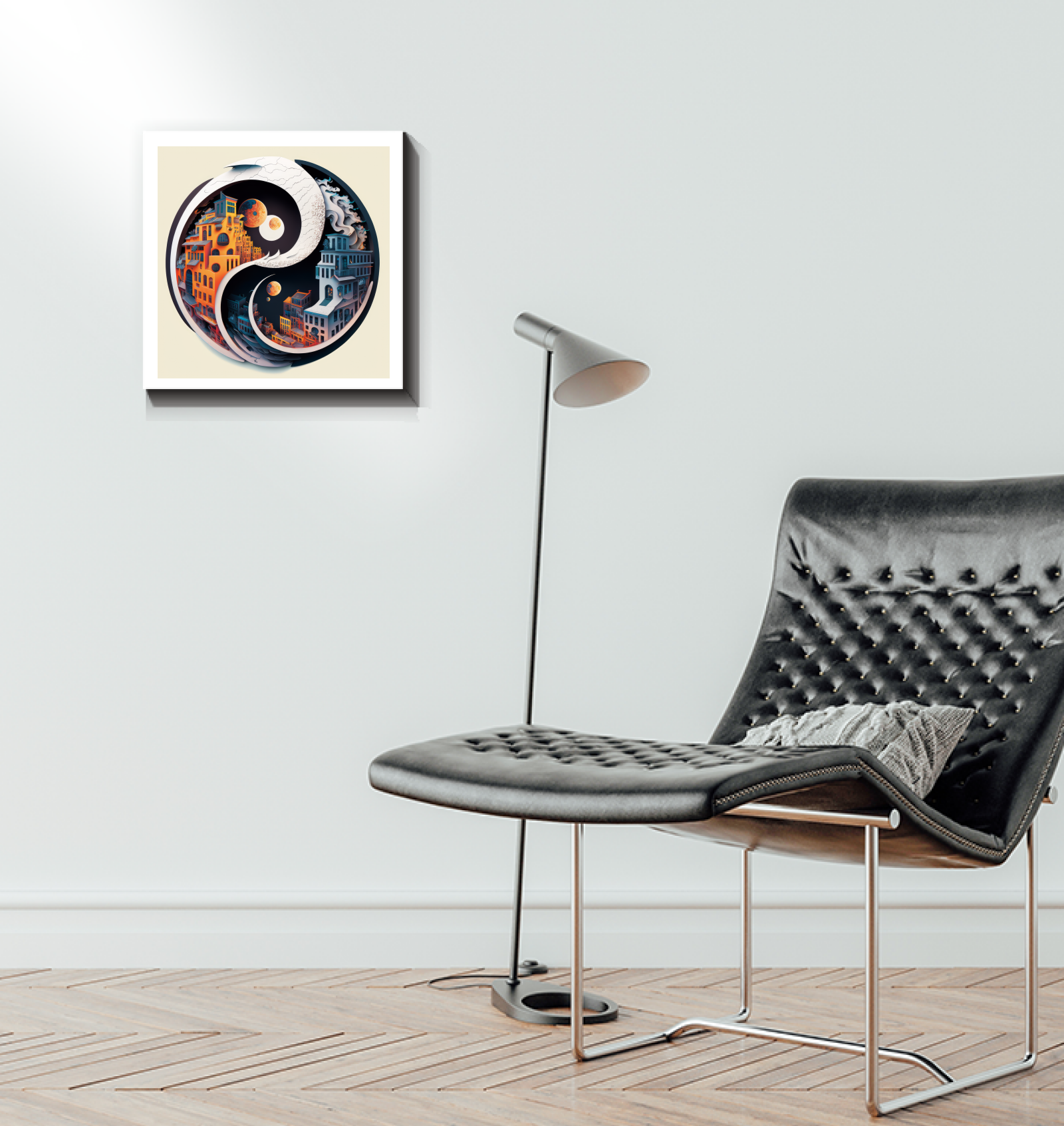 Elegant wall art with light and shadow interplay.