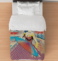 Surfing 1 26 Twin Comforter laid out on a bed, showcasing its vibrant surfing motif for a splash of adventure in your bedroom decor.