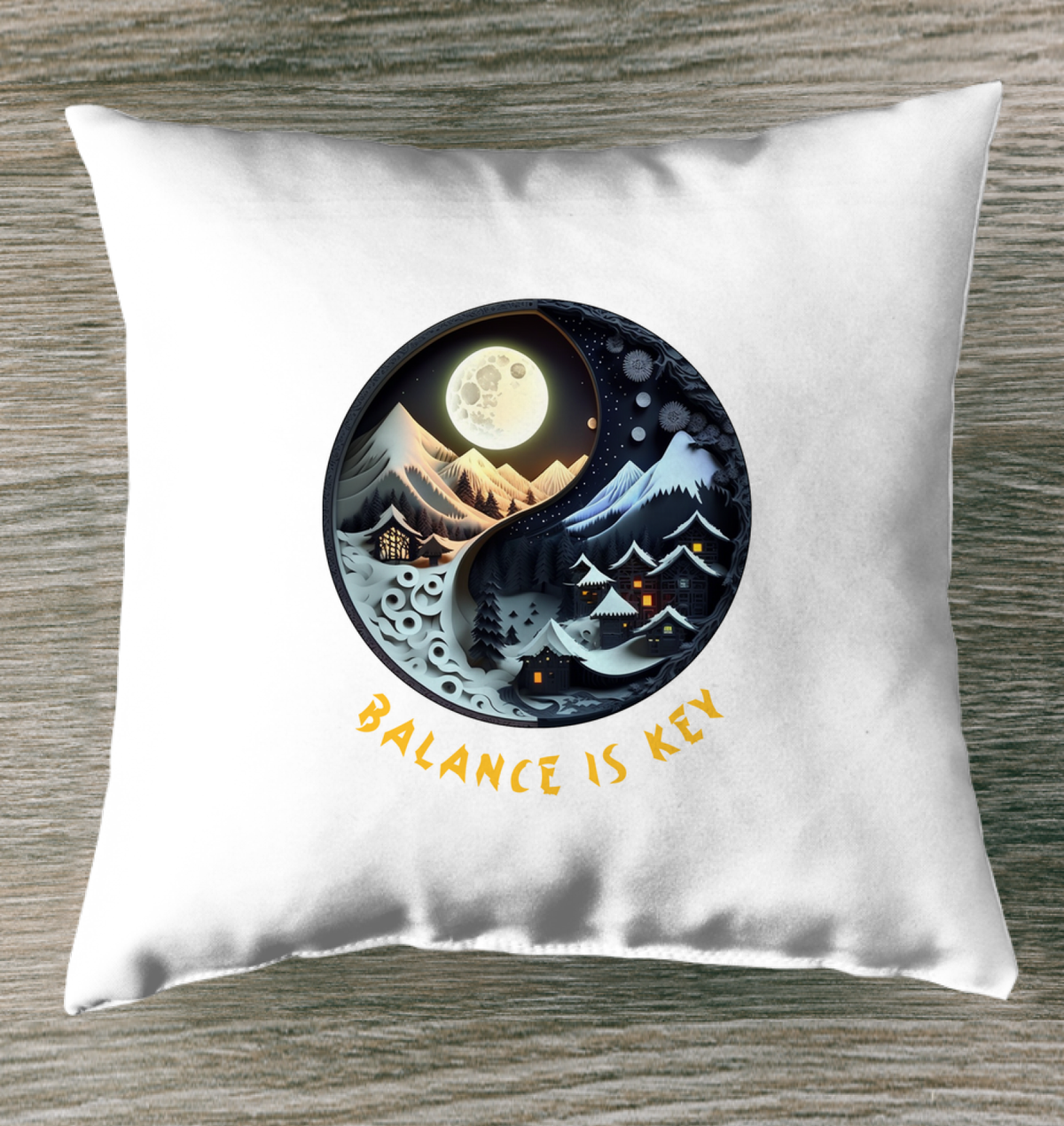 Indoor pillow featuring a tranquil Yin Yang desert design.