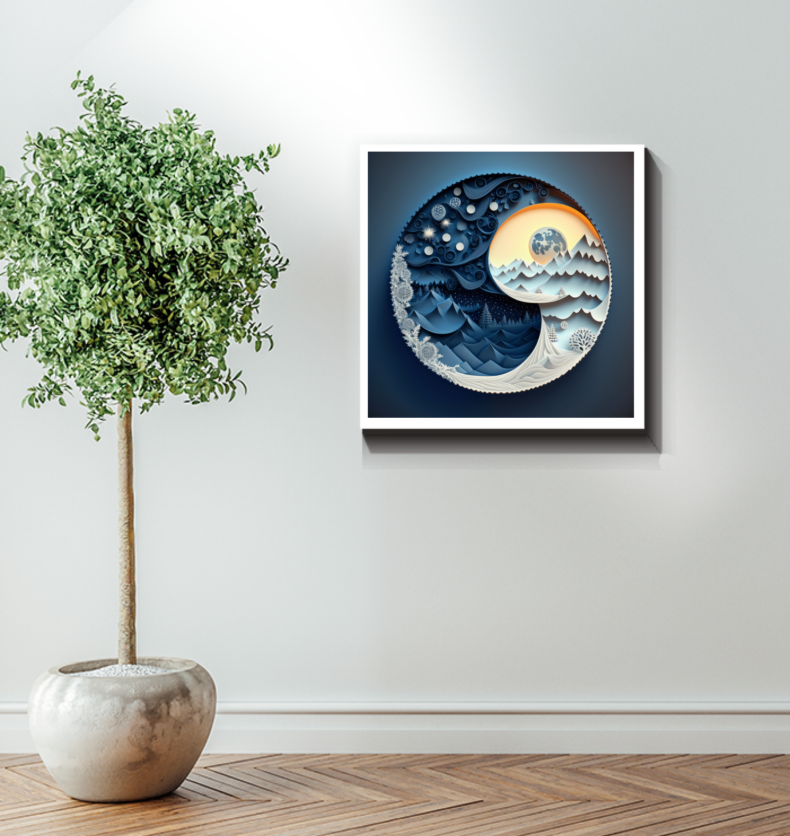 Celestial bodies wrapped canvas for serene ambiance.
