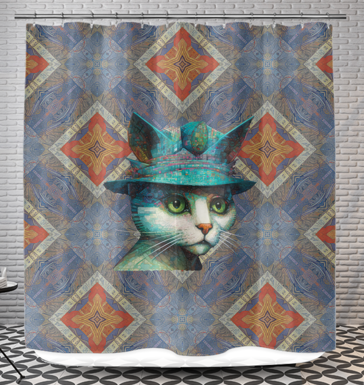 Whimsical cat patterned shower curtain in vibrant colors.