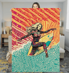 Surfing 101 Sherpa blanket in a cozy room setting, bringing the spirit of the waves indoors.