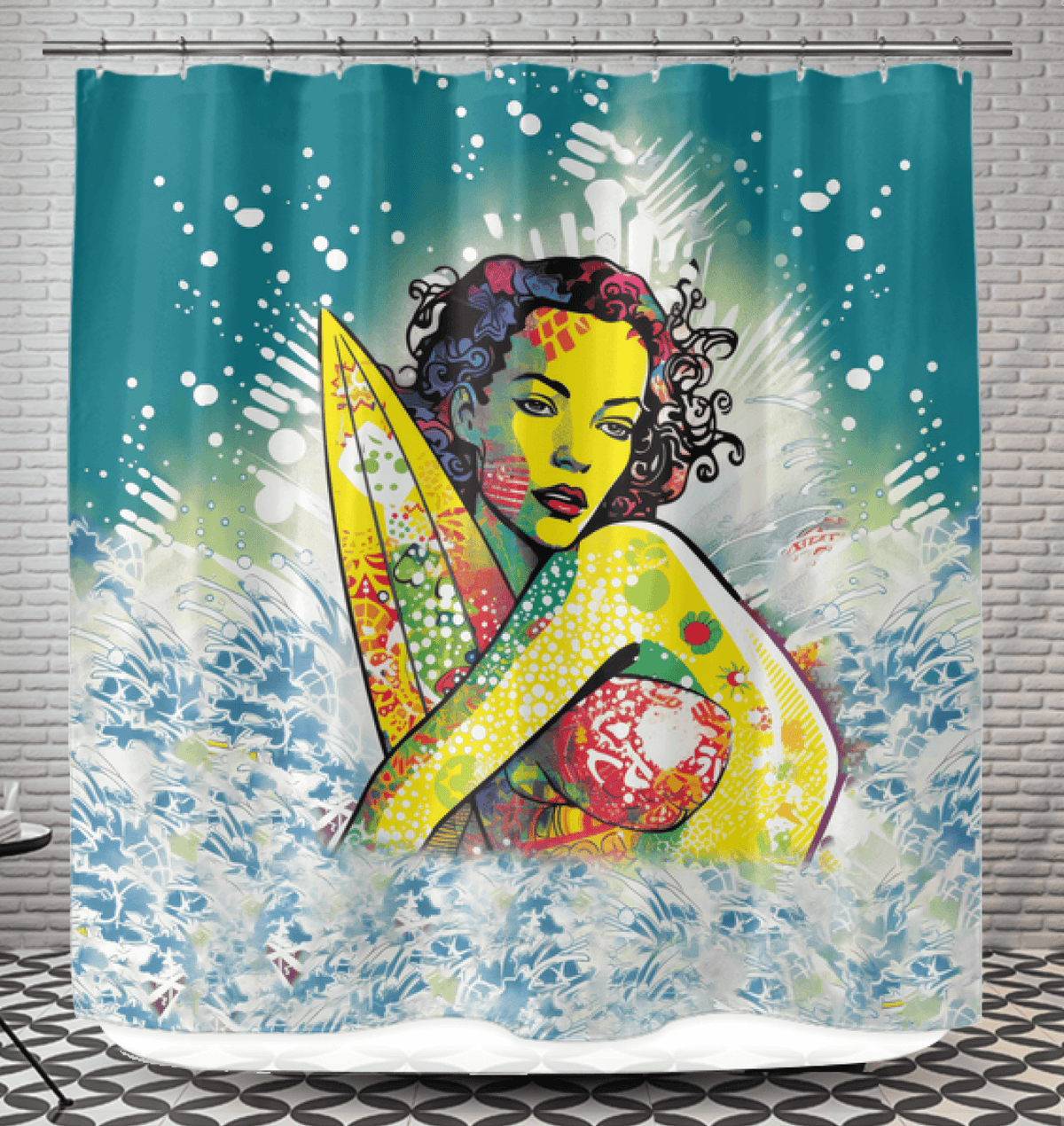 Close-up of Surfing 1 51 Shower Curtain, highlighting the colorful and engaging surf-inspired patterns, perfect for those who love the beach and surf culture.