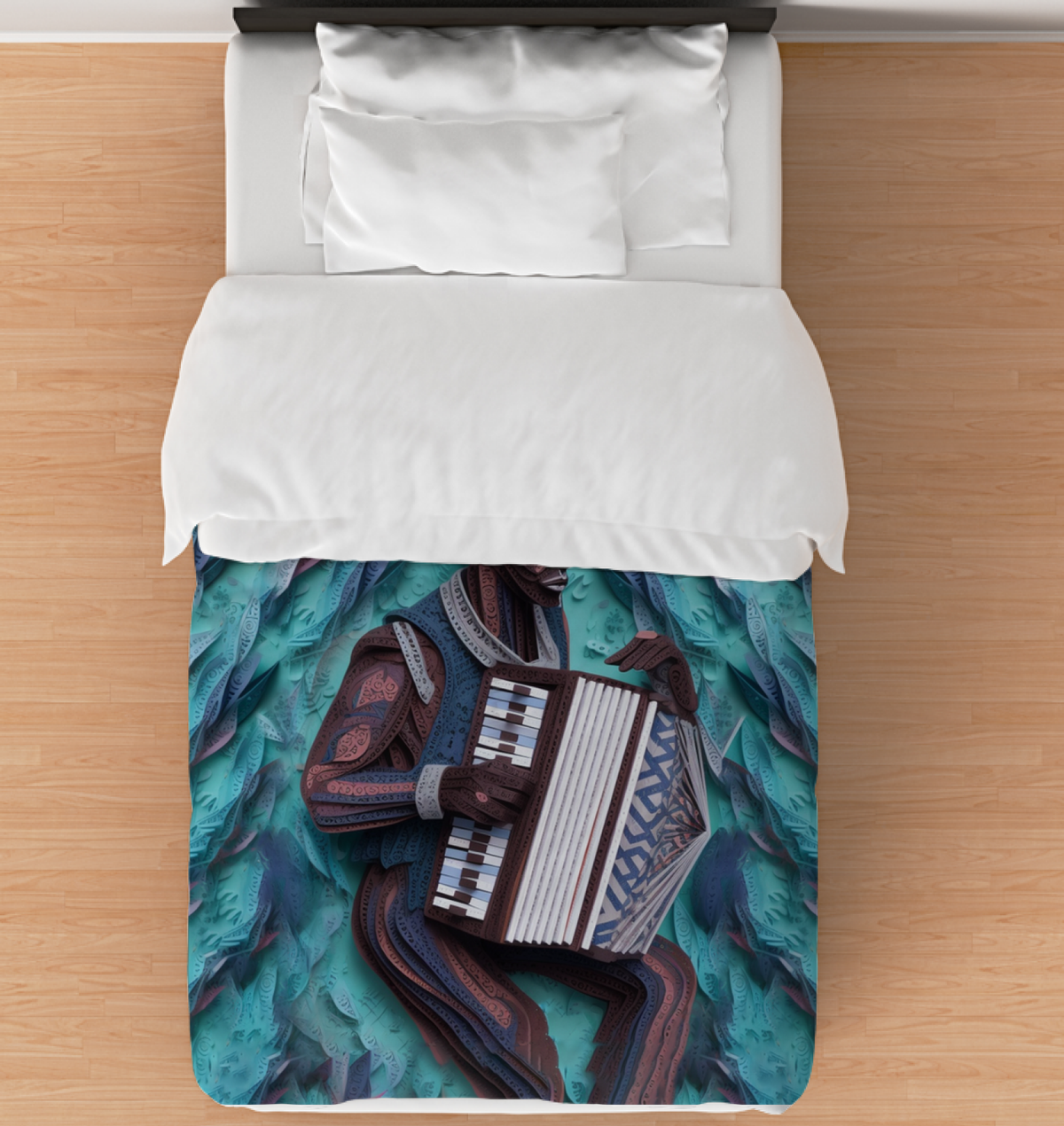 Duvet cover with intricate Kirigami dragon dance design.