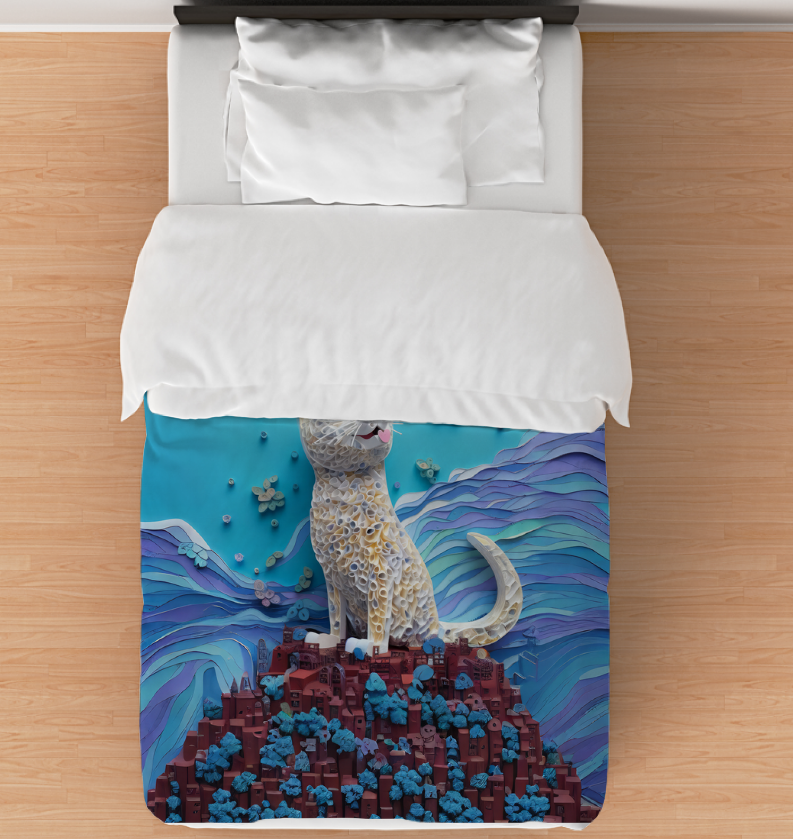 Exotic Kirigami Safari Sunset design on duvet cover.