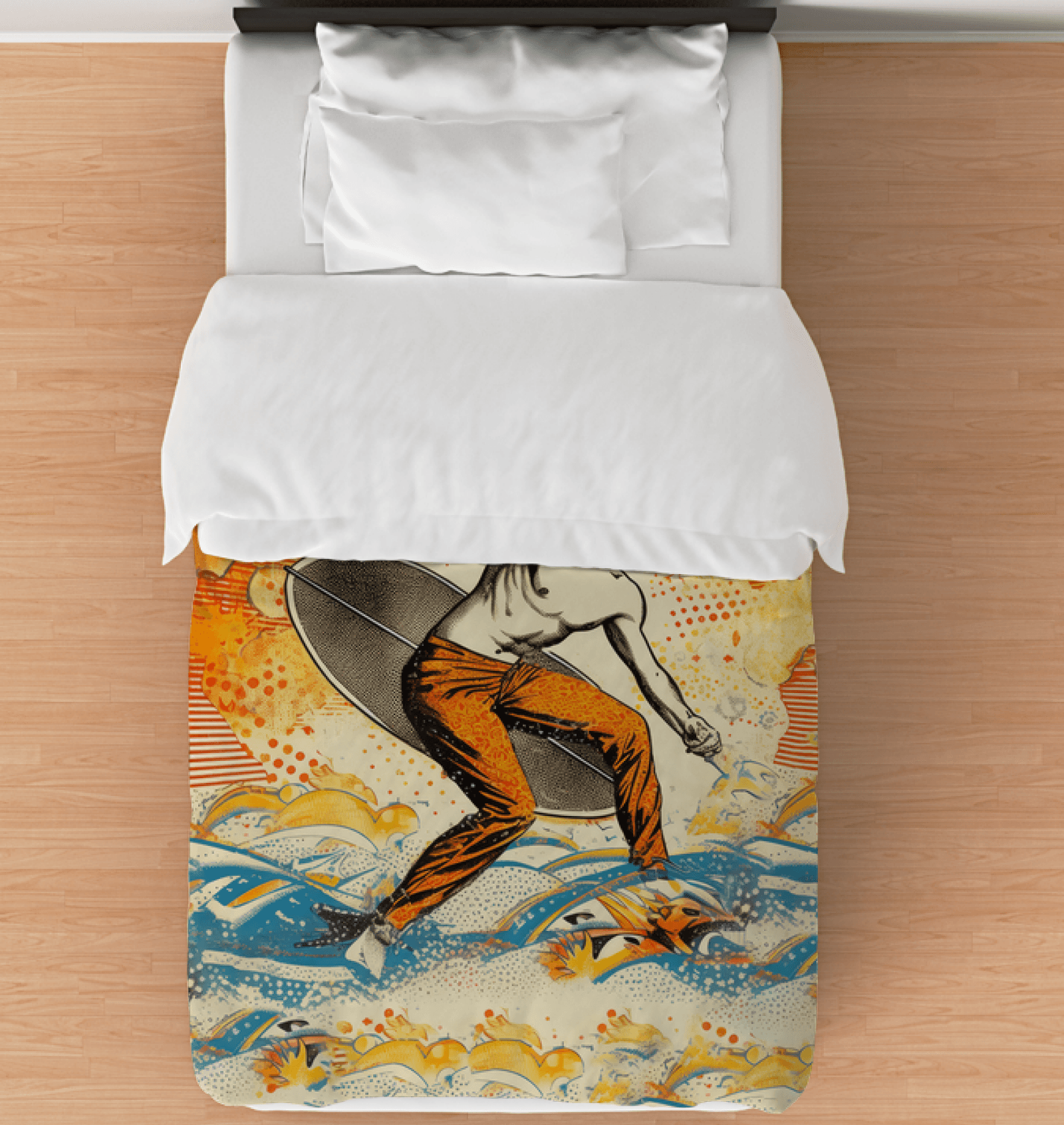 Surfing 1 05 Twin Comforter spread on a bed, featuring an eye-catching surf wave design for those who love the sea.