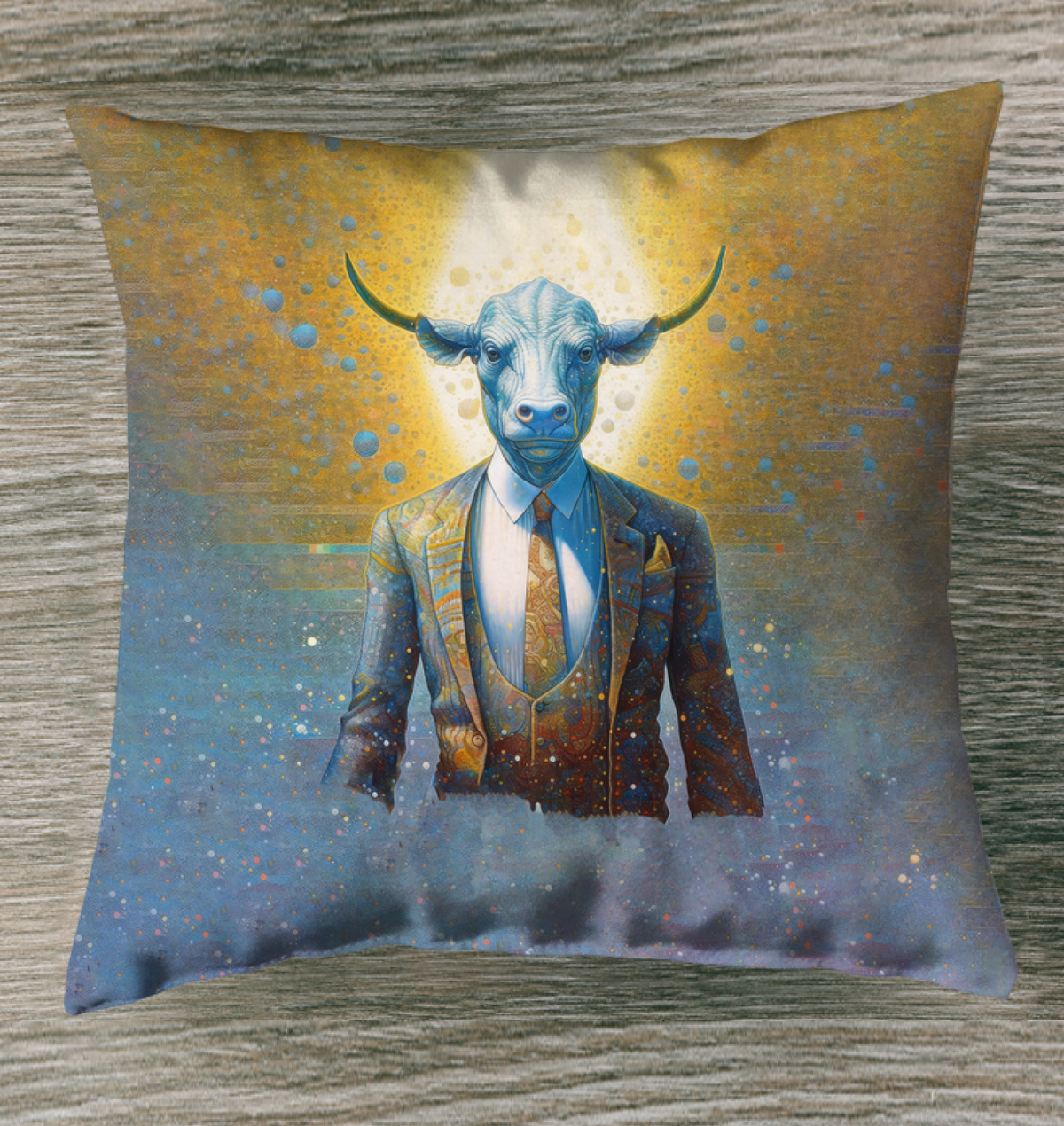 Buffalo Plains patterned outdoor pillow on a garden bench