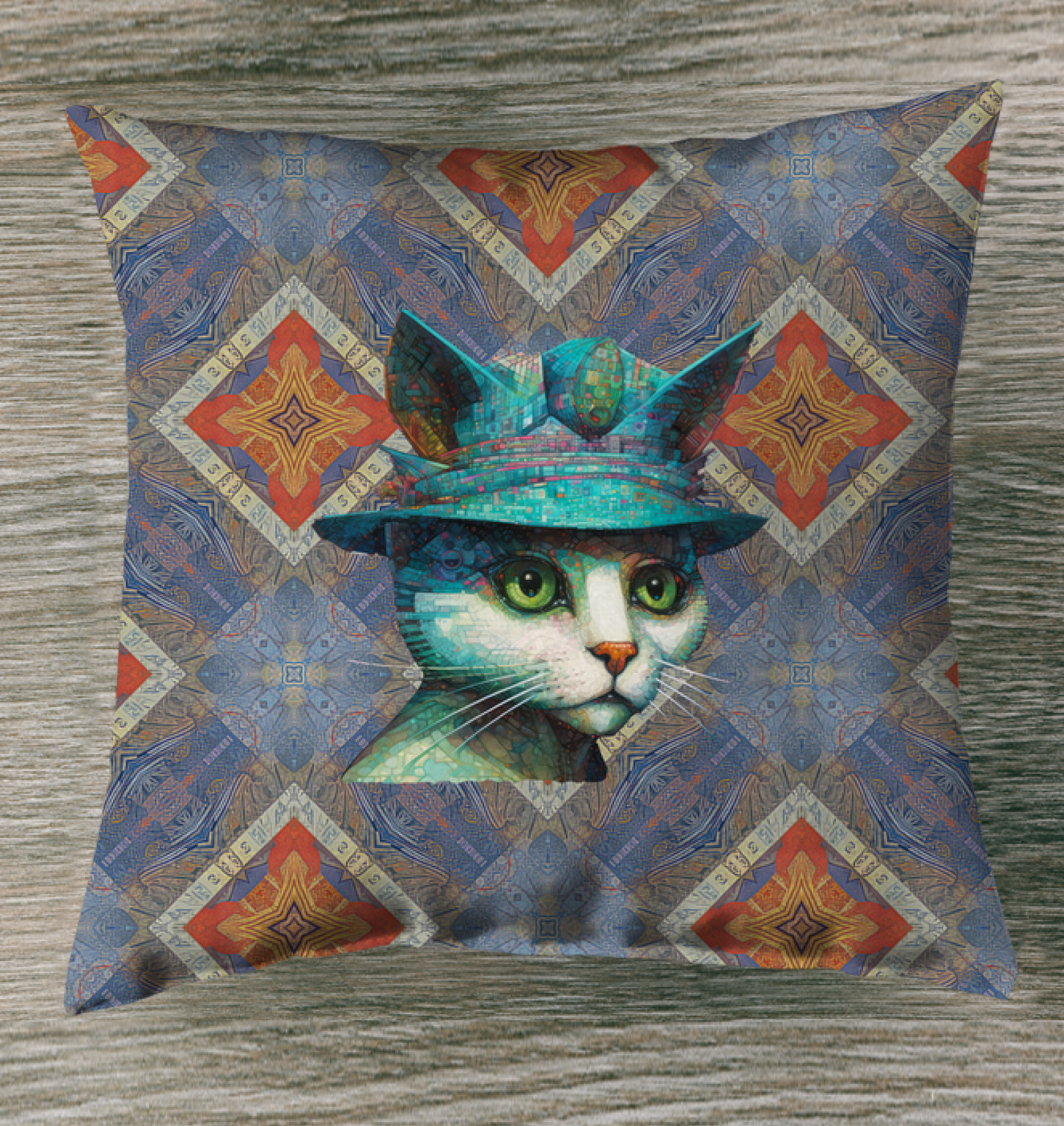 Elegant Cat Art Outdoor Pillow in a Garden Setting