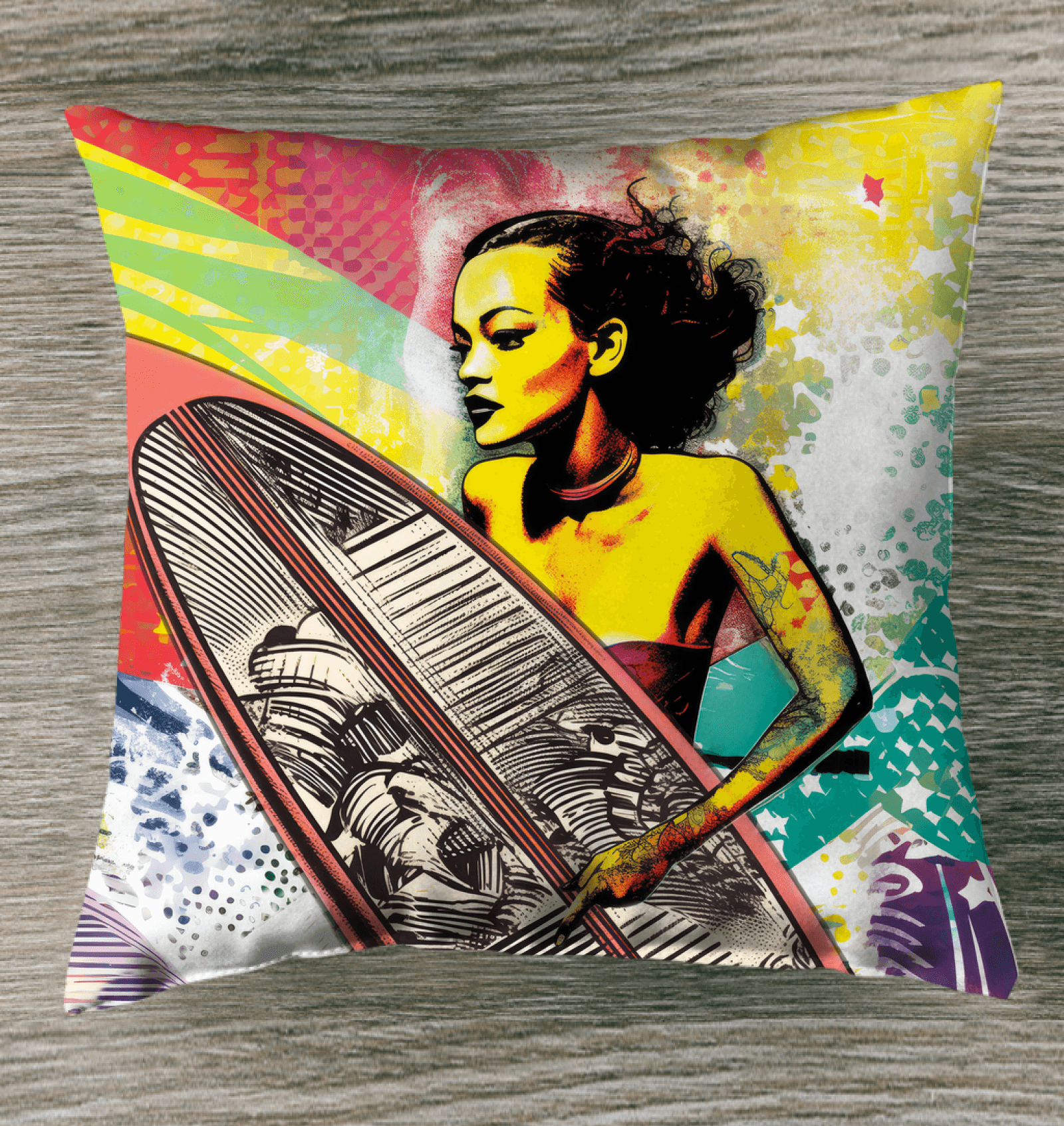 Surfing 5 29 Indoor Pillow adding a coastal touch to a cozy living room sofa.