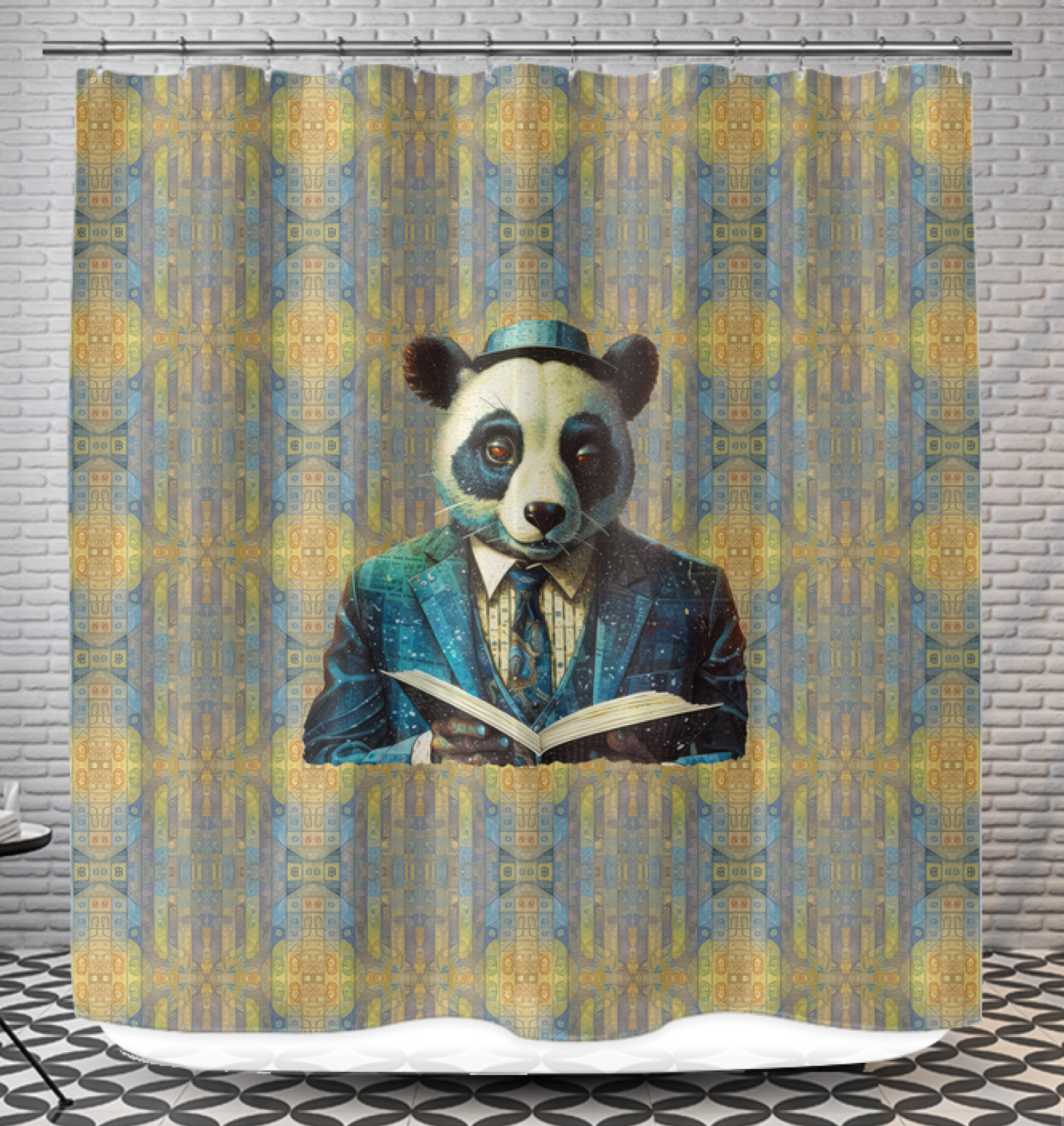 Whimsical panda playing design on shower curtain