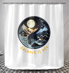 Ying Yang shower curtain with lunar phase design.