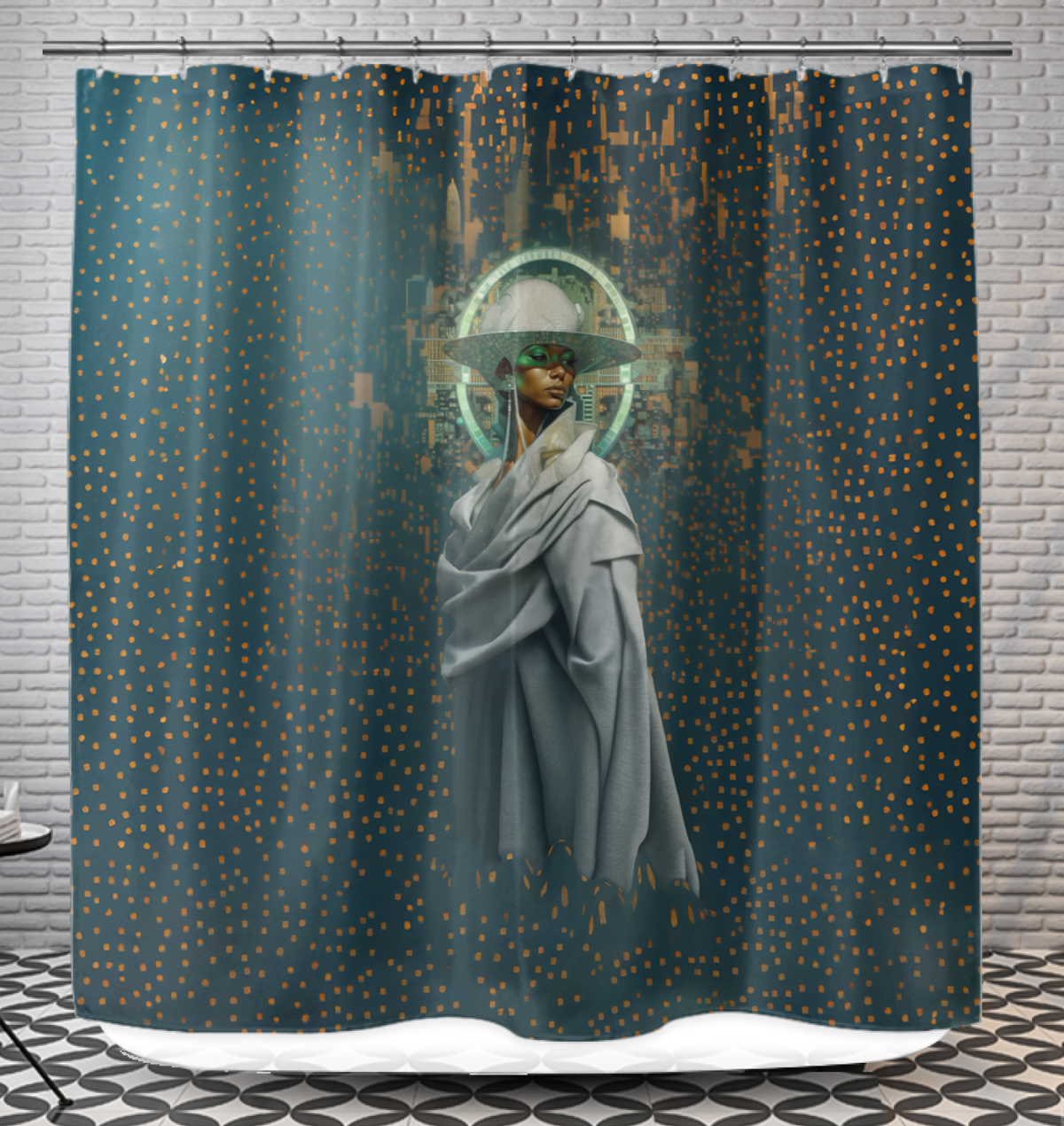 Ocean Breeze Beyond Style Shower Curtain hanging in bathroom.