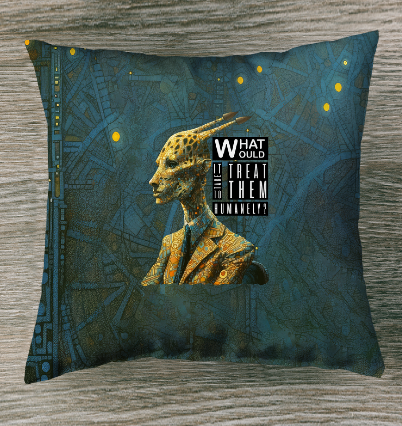 Giraffe in astronaut suit floating in space on an indoor pillow.