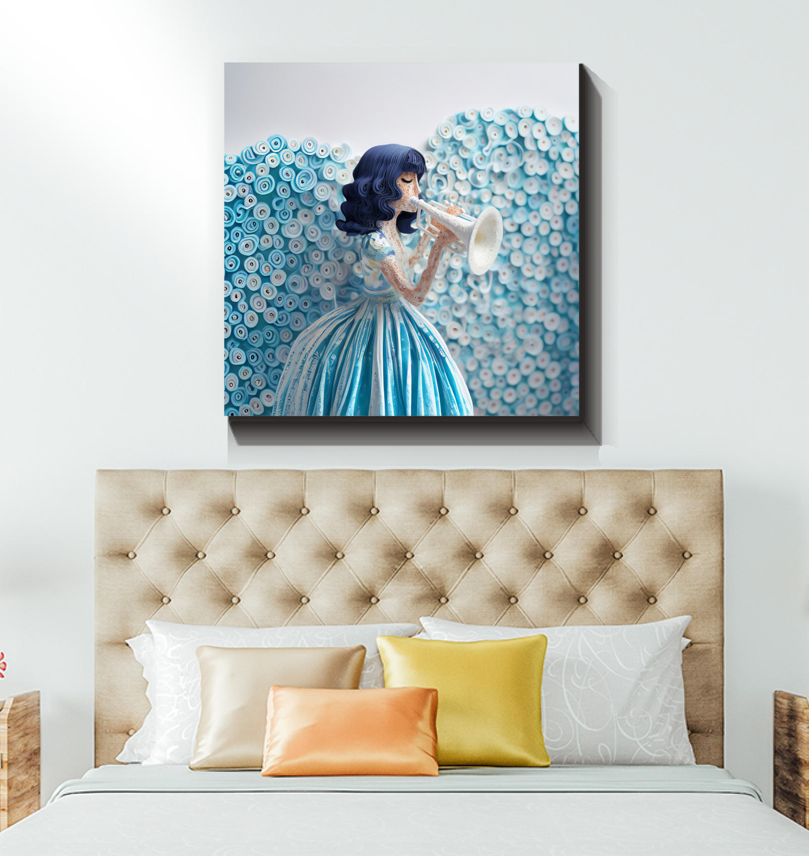 Azure Waves Paper Art Wrapped Canvas adding elegance to a dining area.