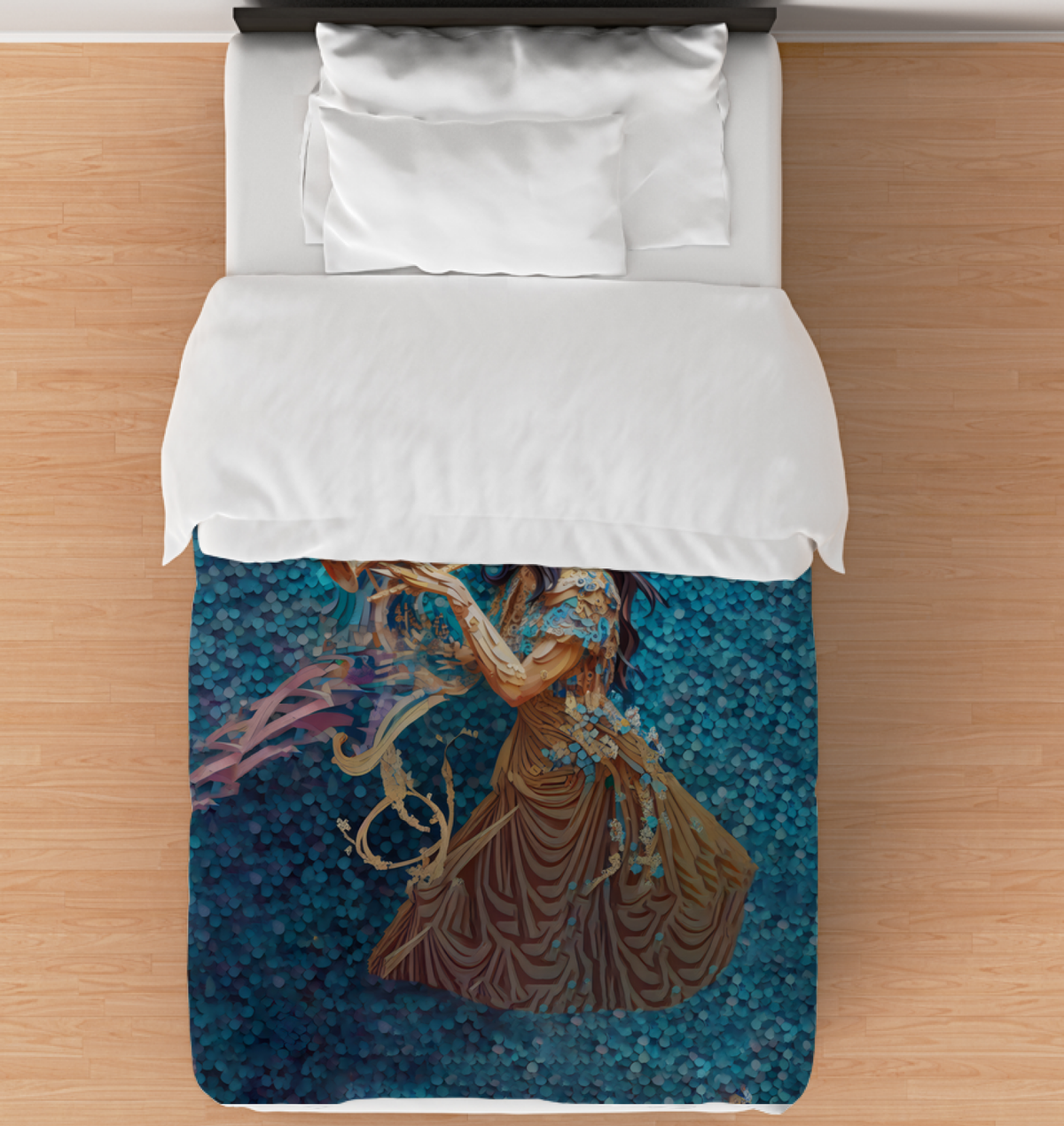Duvet cover with glowing paper lantern design.