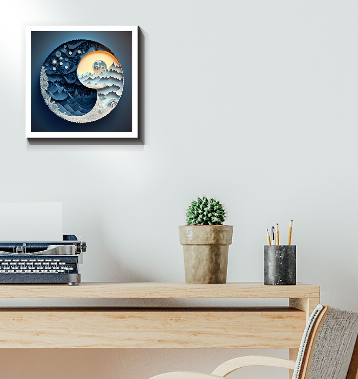 Wrapped canvas depicting lunar and solar motifs.