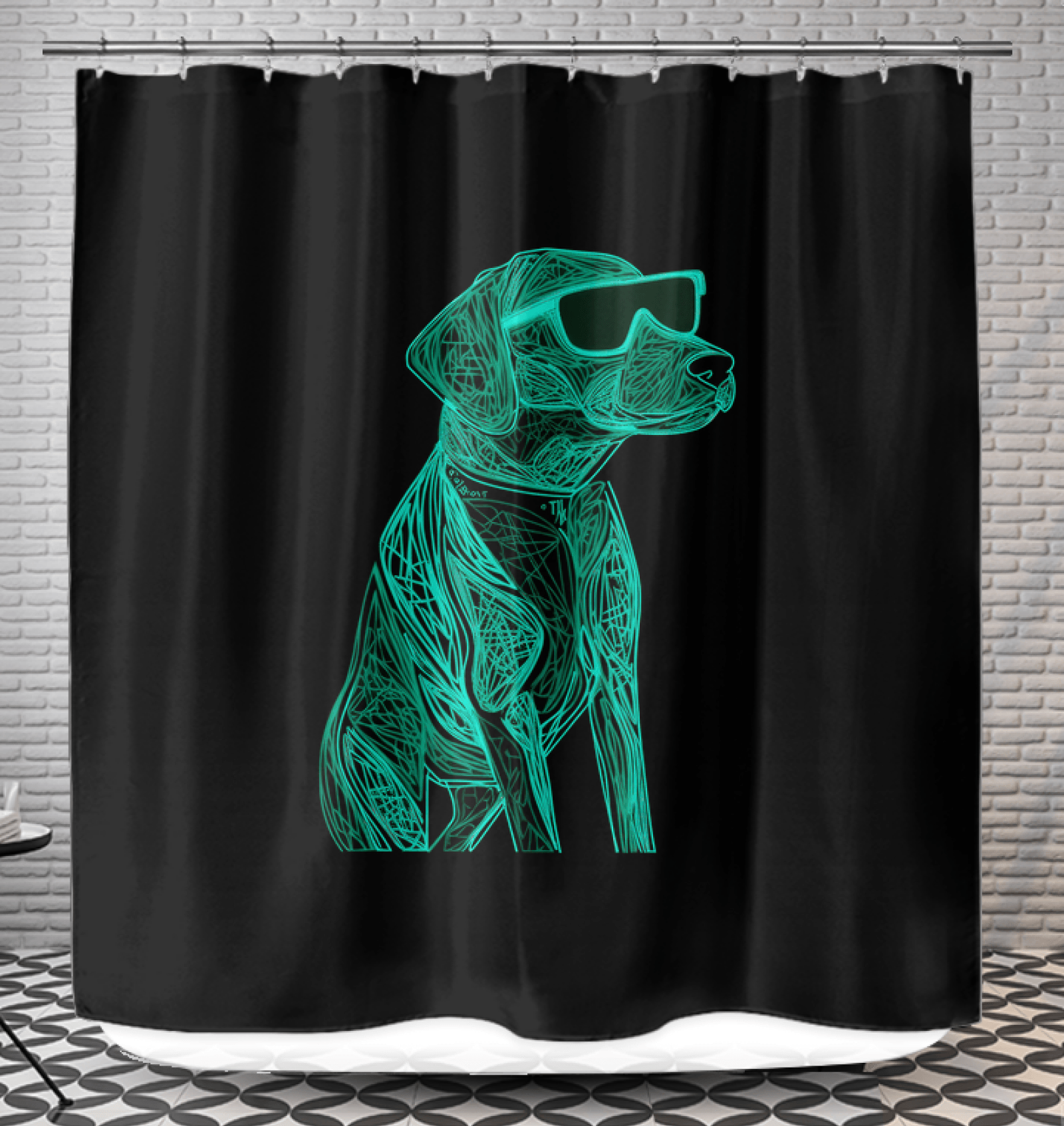 Shower curtain with Adventurous Dog Explorations design, adding a touch of adventure to bathroom decor.