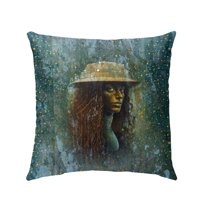 Artistic outdoor pillow with vibrant design on patio setting.